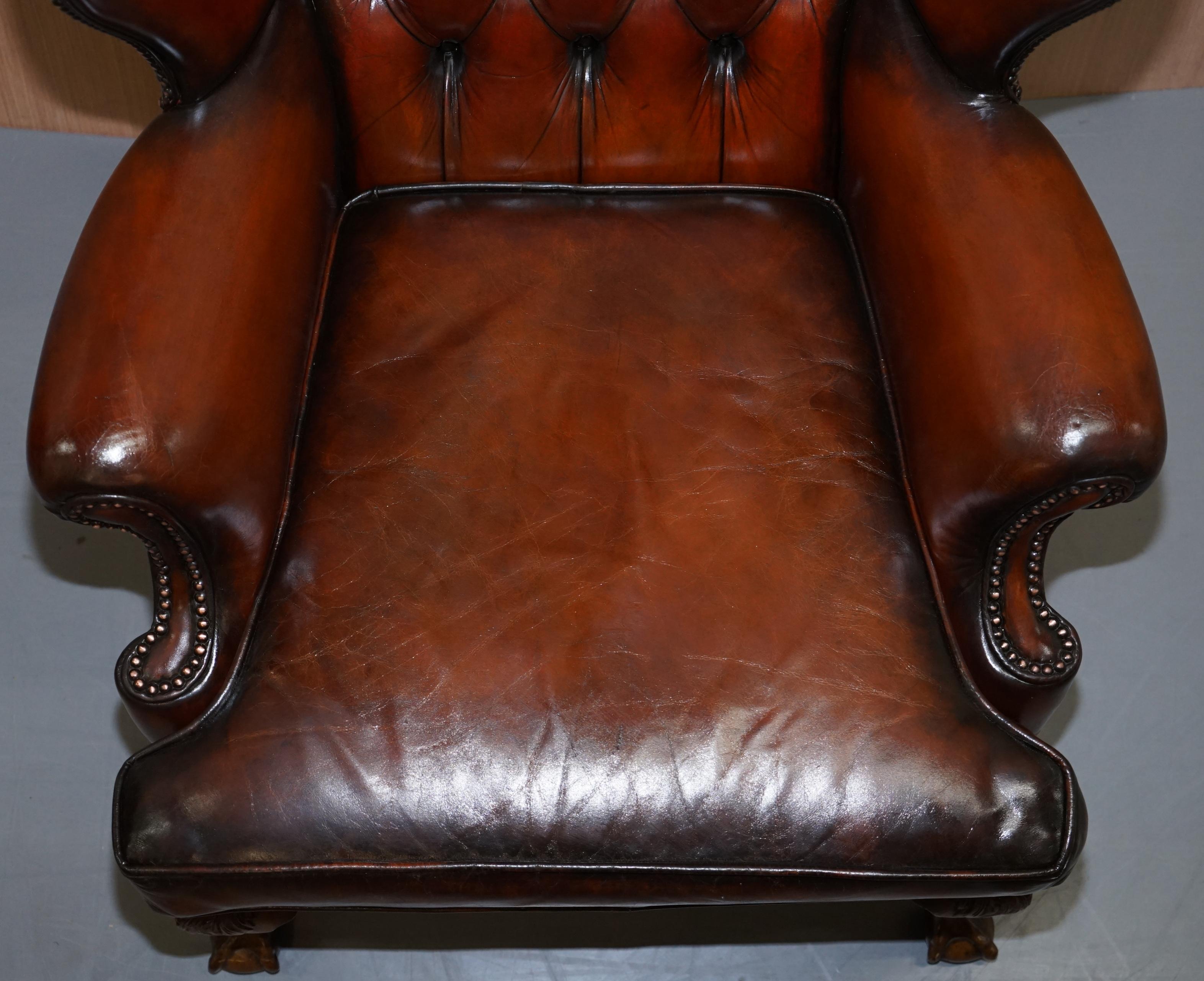 English Pair of Chesterfield Claw and Ball Luxury Wingback Armchairs Cigar Brown Leather