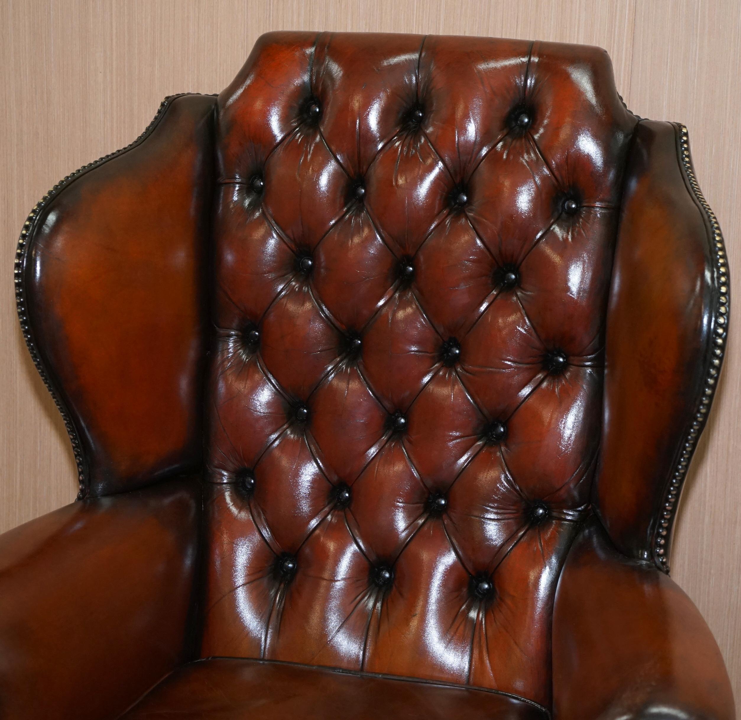 Hand-Crafted Pair of Chesterfield Claw and Ball Luxury Wingback Armchairs Cigar Brown Leather