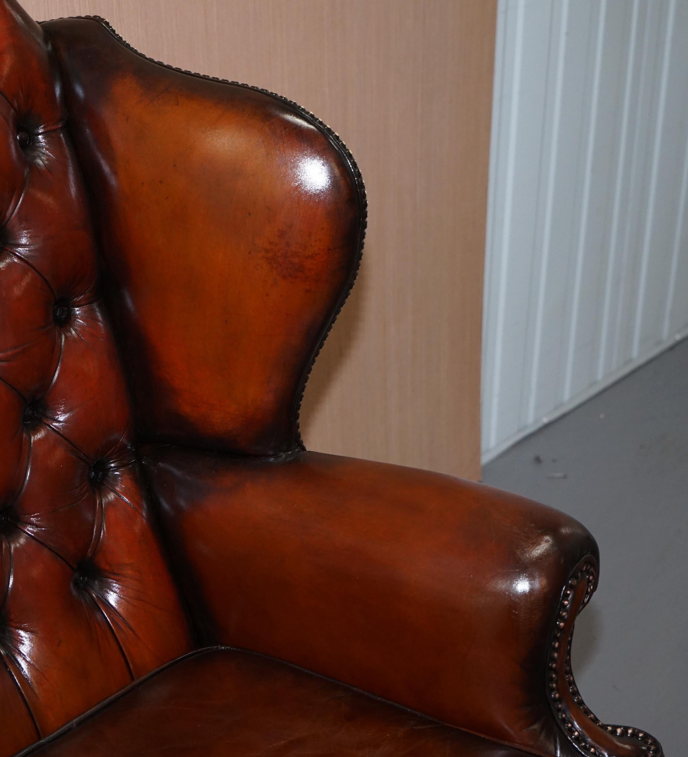 19th Century Pair of Chesterfield Claw and Ball Luxury Wingback Armchairs Cigar Brown Leather