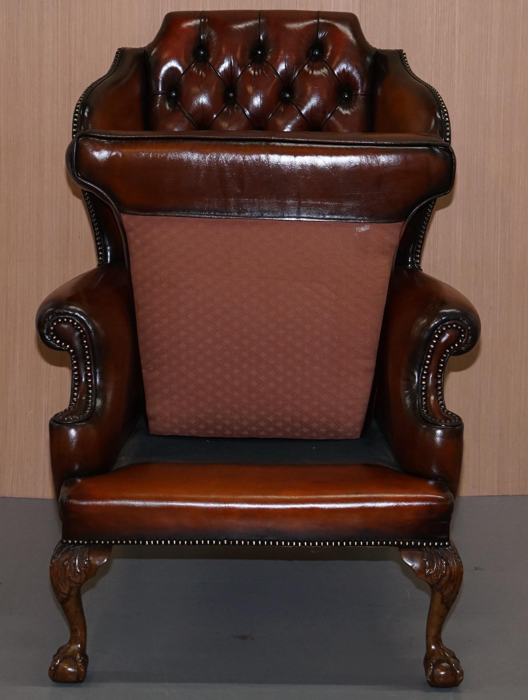 Pair of Chesterfield Claw and Ball Luxury Wingback Armchairs Cigar Brown Leather 1