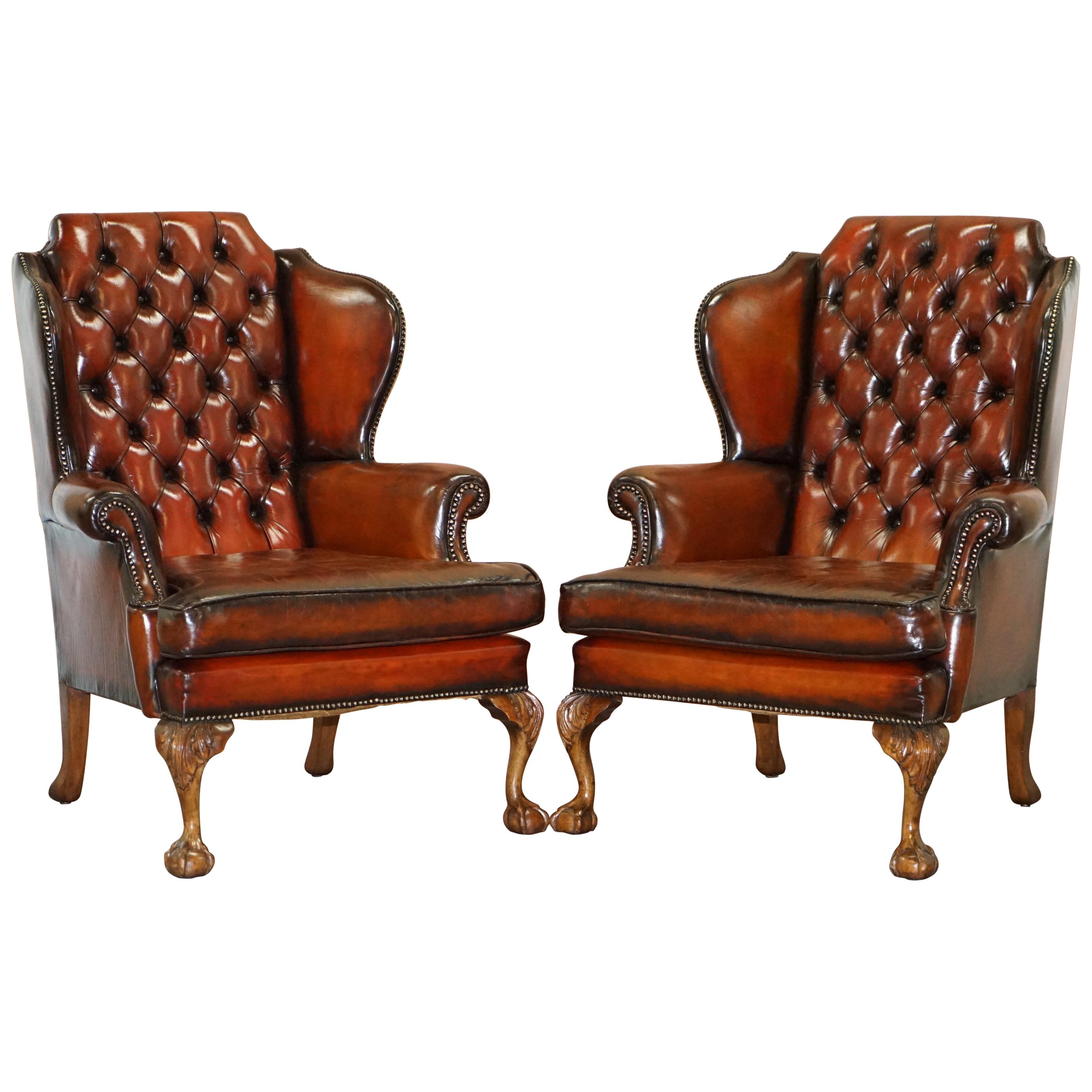 Pair of Chesterfield Claw and Ball Luxury Wingback Armchairs Cigar Brown Leather