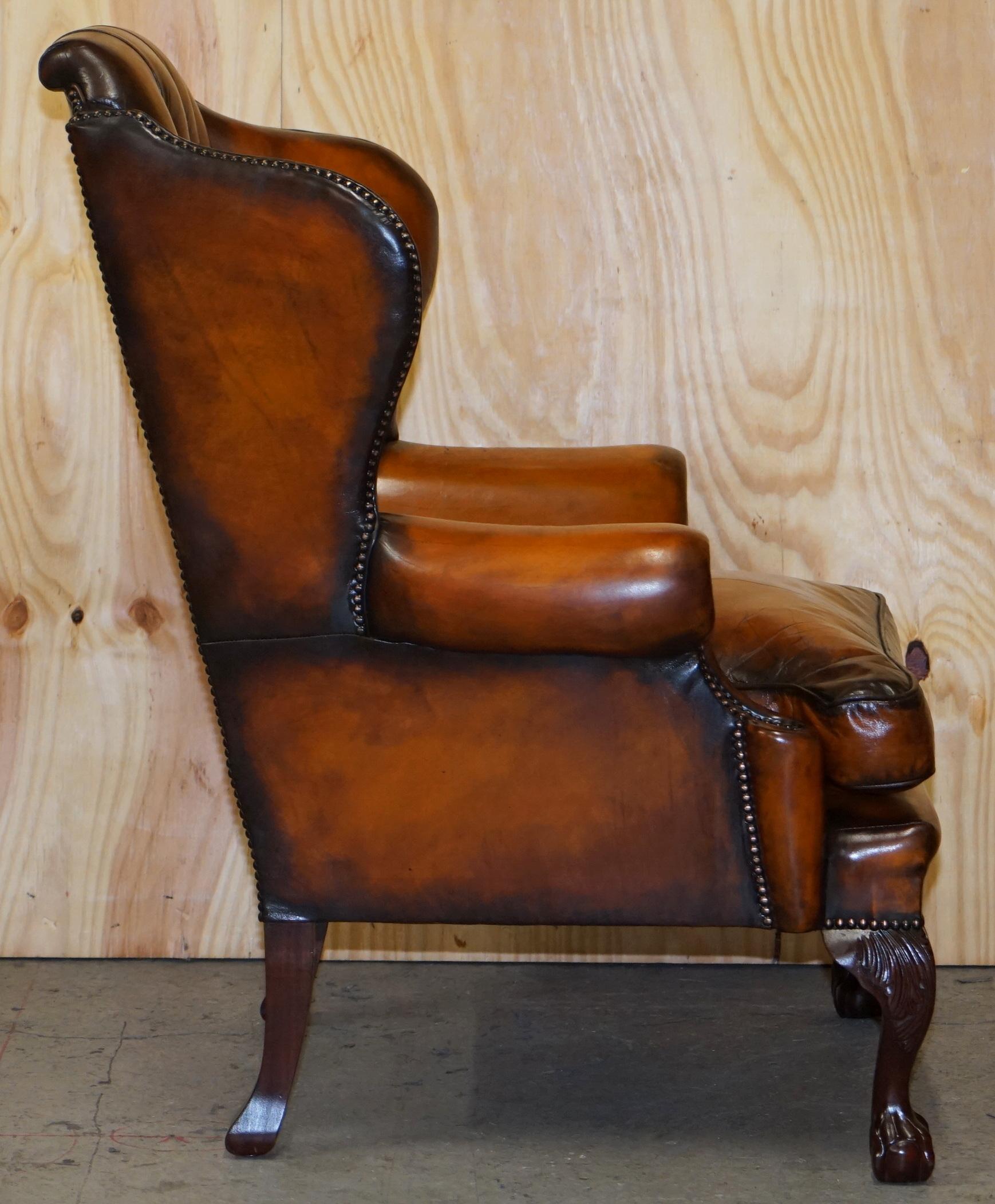 Pair of Chesterfield Claw & Ball Restored Wingback Armchairs Cigar Brown Leather 4