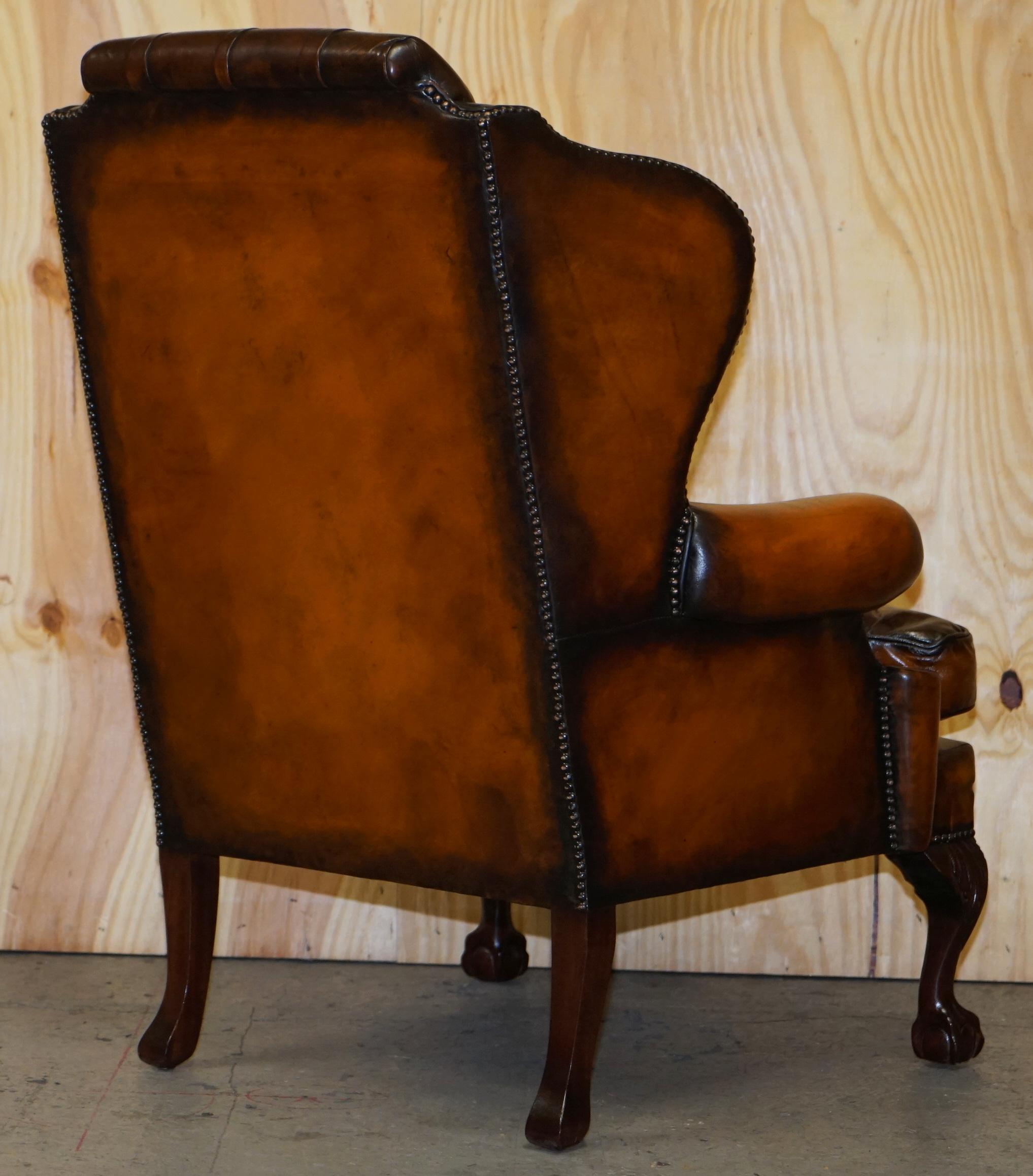 Pair of Chesterfield Claw & Ball Restored Wingback Armchairs Cigar Brown Leather 5