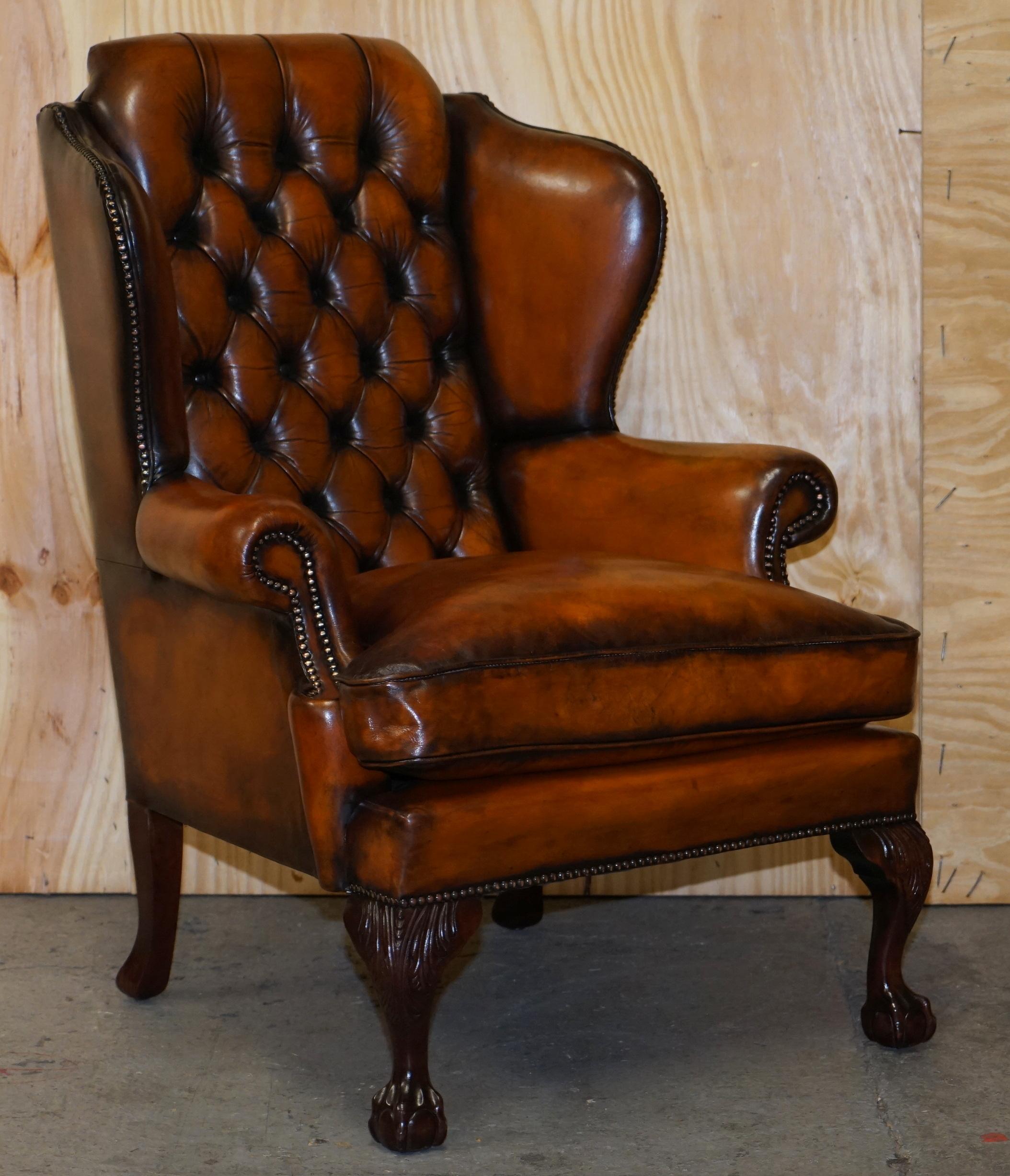 Pair of Chesterfield Claw & Ball Restored Wingback Armchairs Cigar Brown Leather 8
