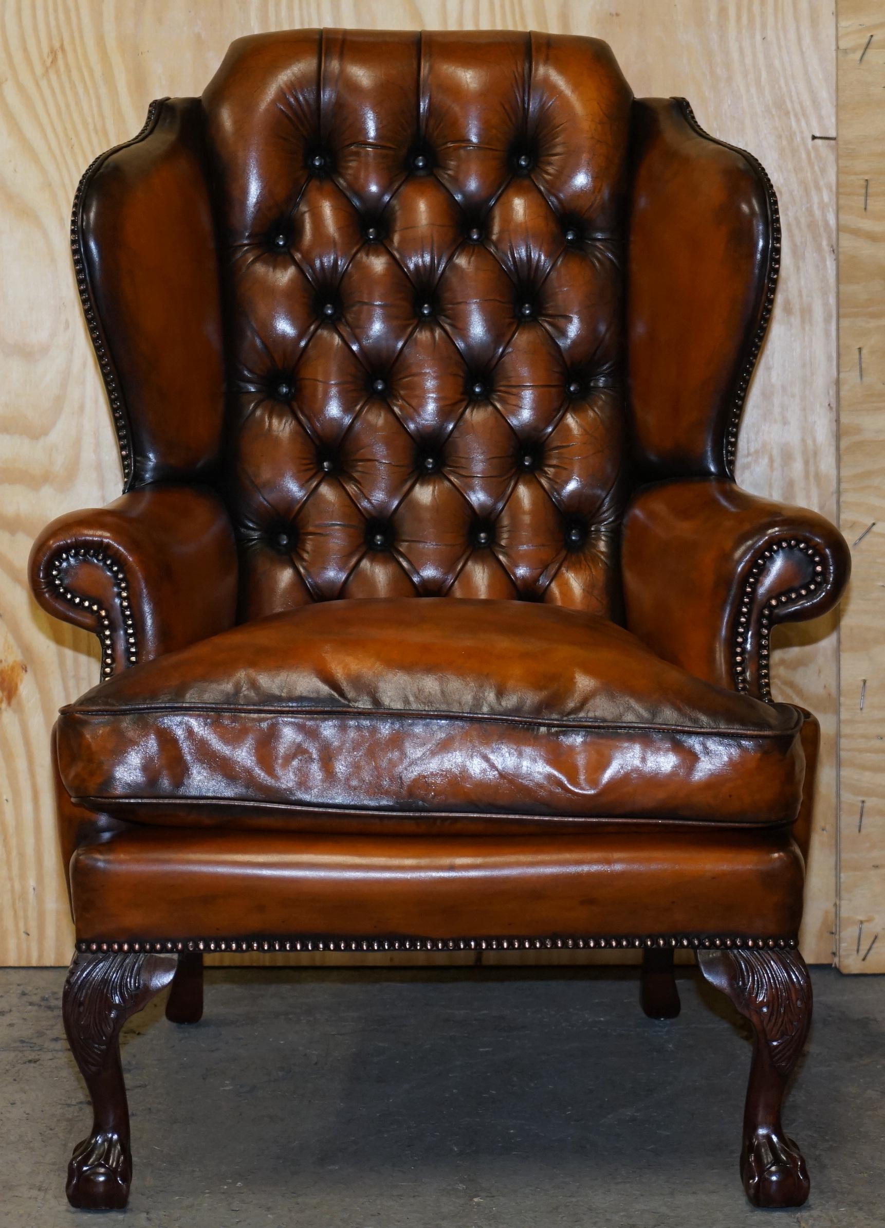 Pair of Chesterfield Claw & Ball Restored Wingback Armchairs Cigar Brown Leather 9