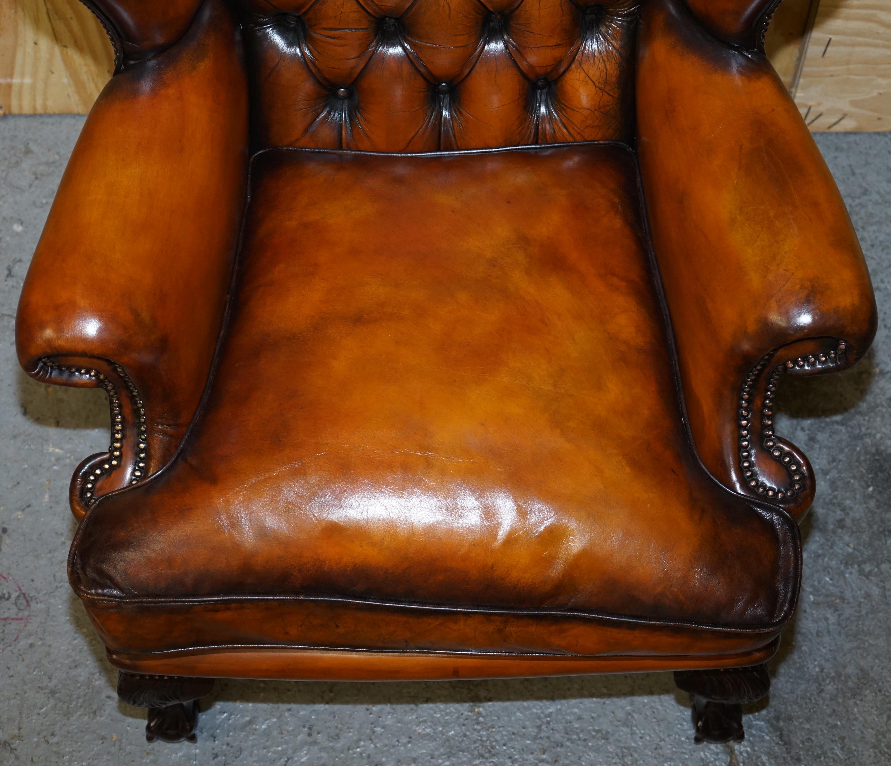 Pair of Chesterfield Claw & Ball Restored Wingback Armchairs Cigar Brown Leather 10