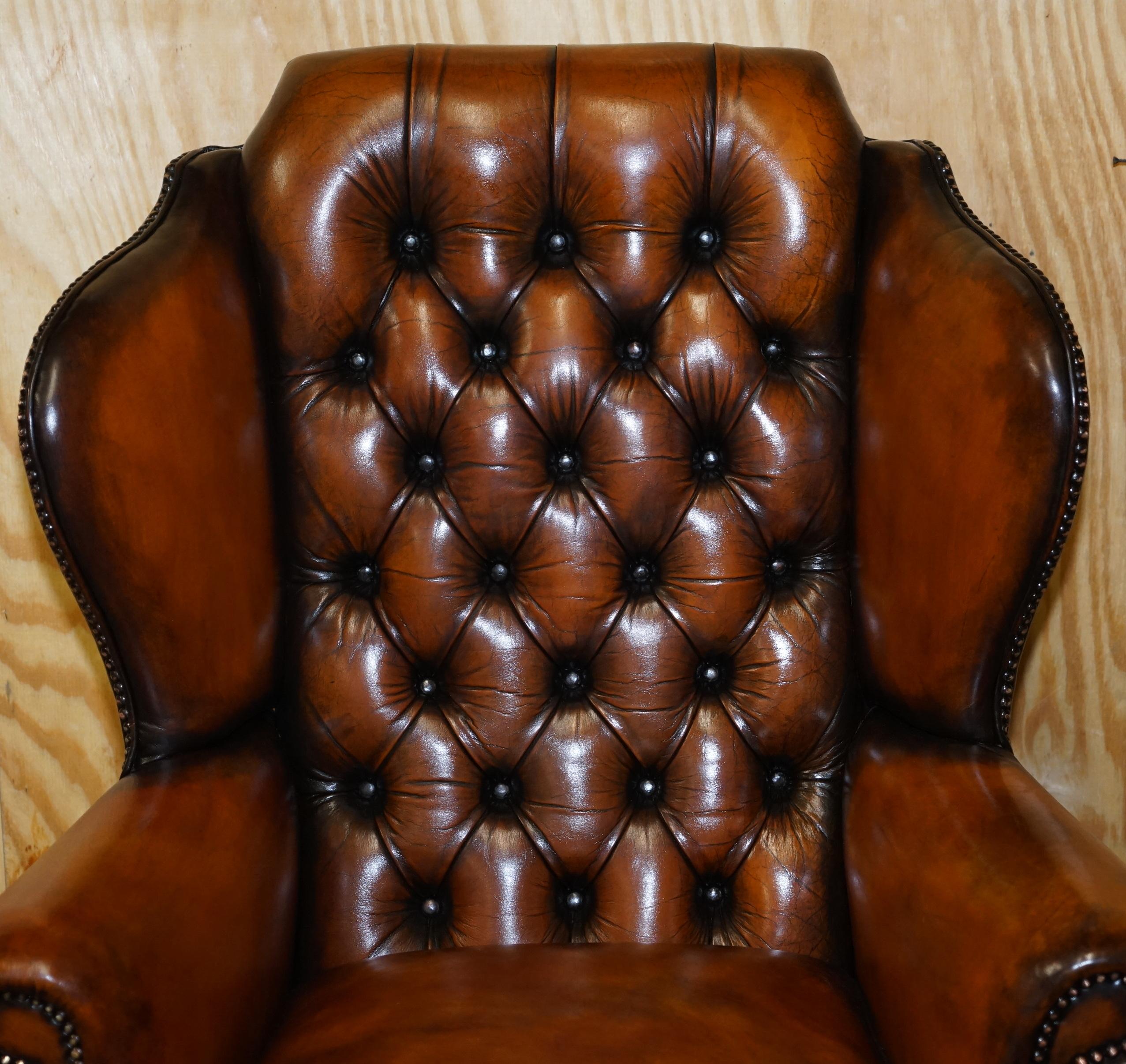 Pair of Chesterfield Claw & Ball Restored Wingback Armchairs Cigar Brown Leather 11