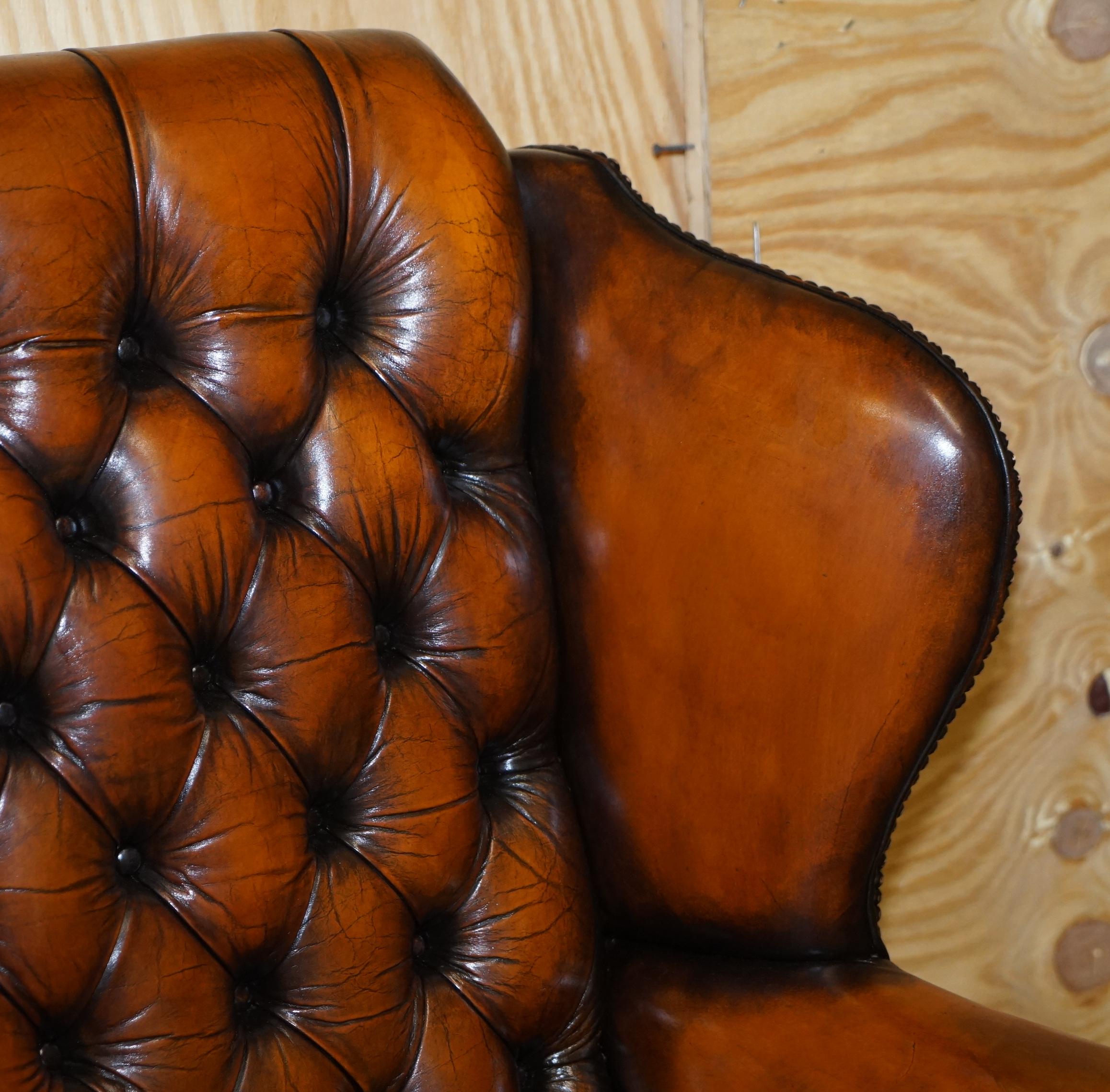 Pair of Chesterfield Claw & Ball Restored Wingback Armchairs Cigar Brown Leather 12