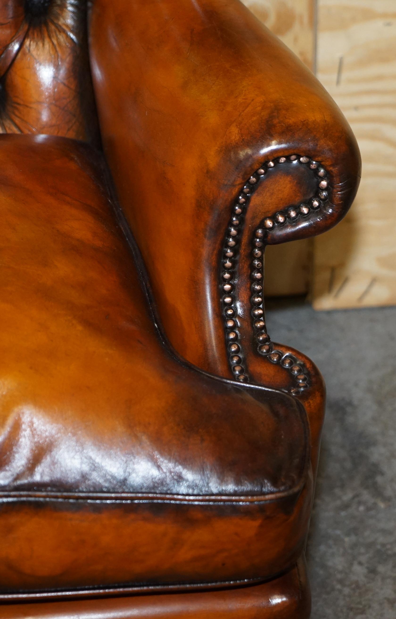 Pair of Chesterfield Claw & Ball Restored Wingback Armchairs Cigar Brown Leather 13