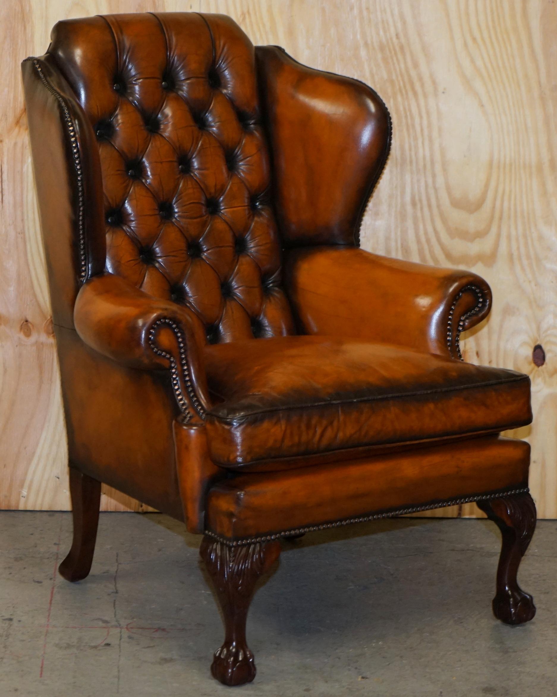We are delighted to offer for sale this stunning pair of lovely Chesterfield Claw & Ball feet fully restored vintage wingback armchairs in Cigar brown leather with thick heavy feather filled cushions

A good looking and comfortable pair of coil