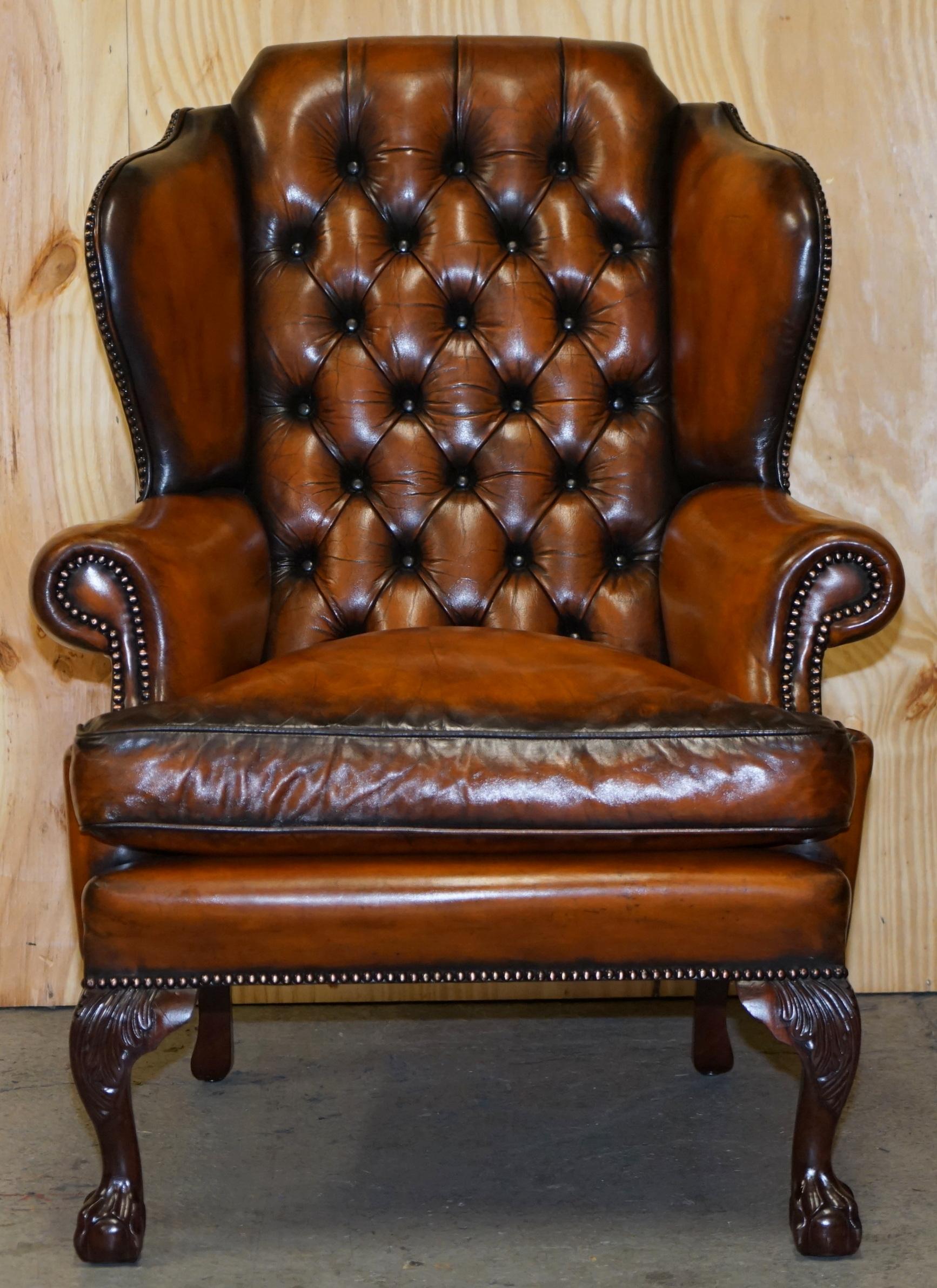 Victorian Pair of Chesterfield Claw & Ball Restored Wingback Armchairs Cigar Brown Leather