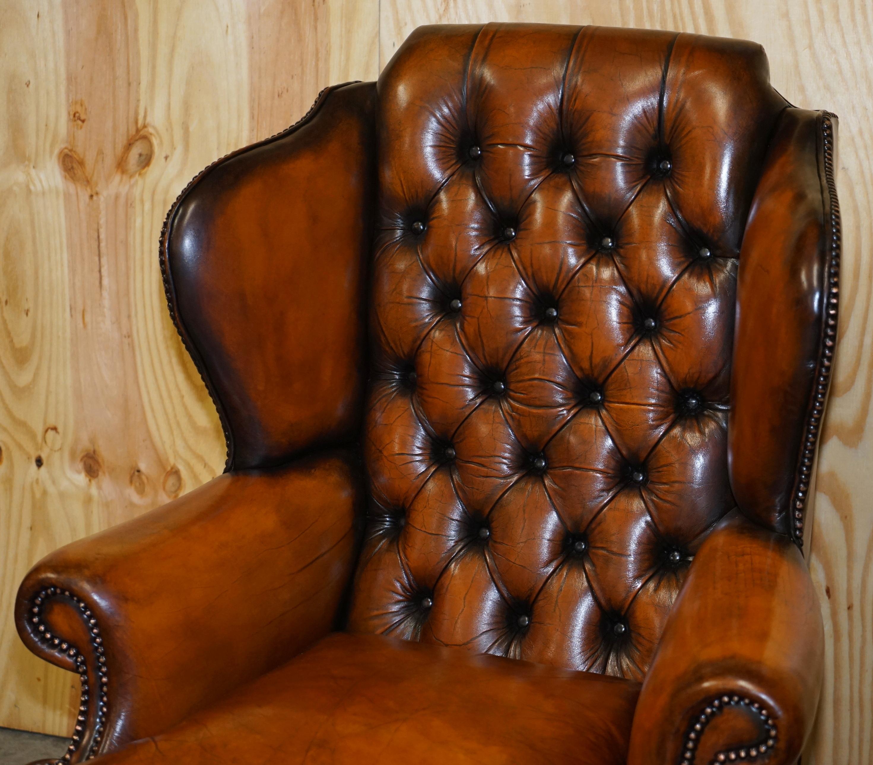 English Pair of Chesterfield Claw & Ball Restored Wingback Armchairs Cigar Brown Leather