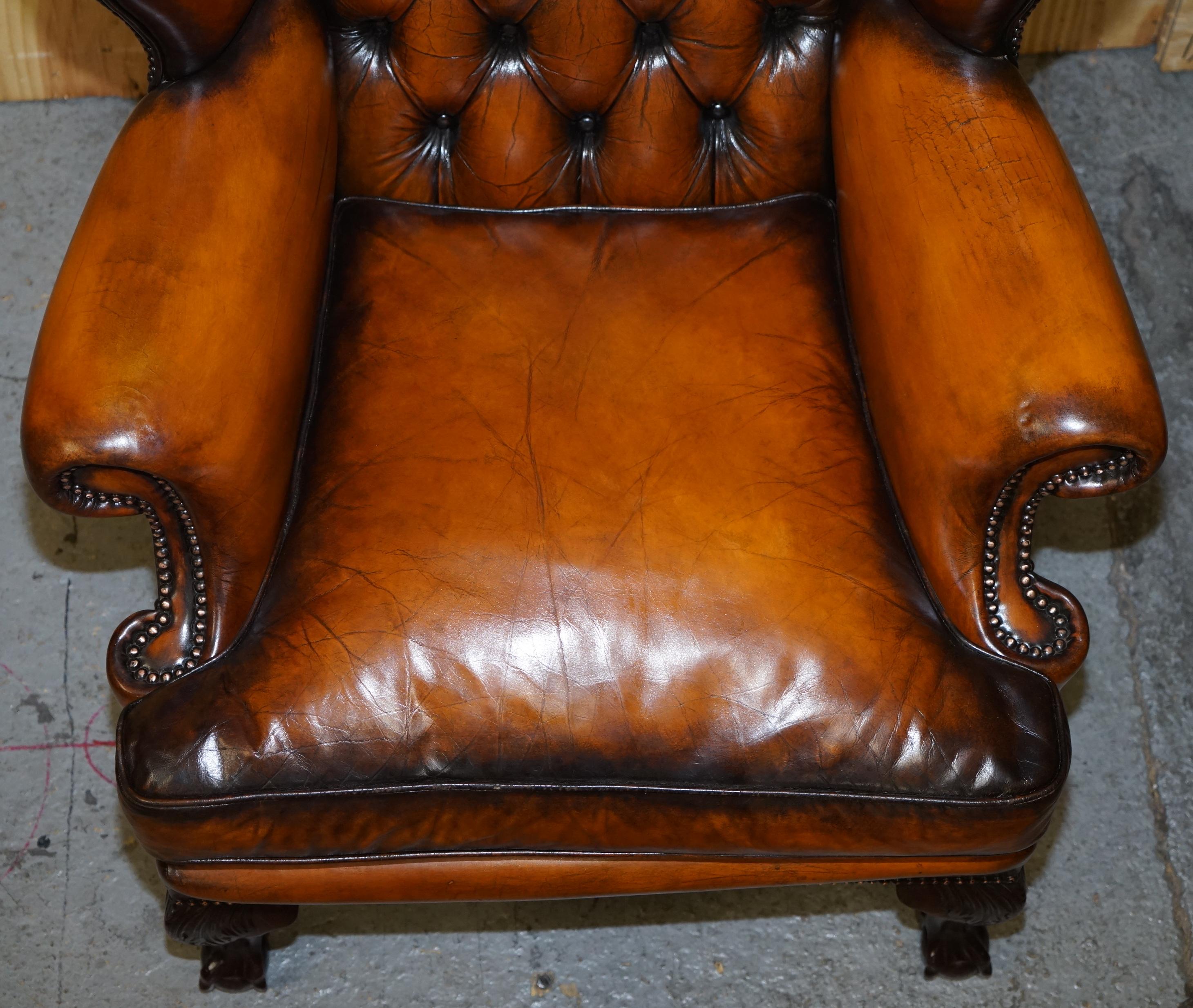 Hand-Crafted Pair of Chesterfield Claw & Ball Restored Wingback Armchairs Cigar Brown Leather