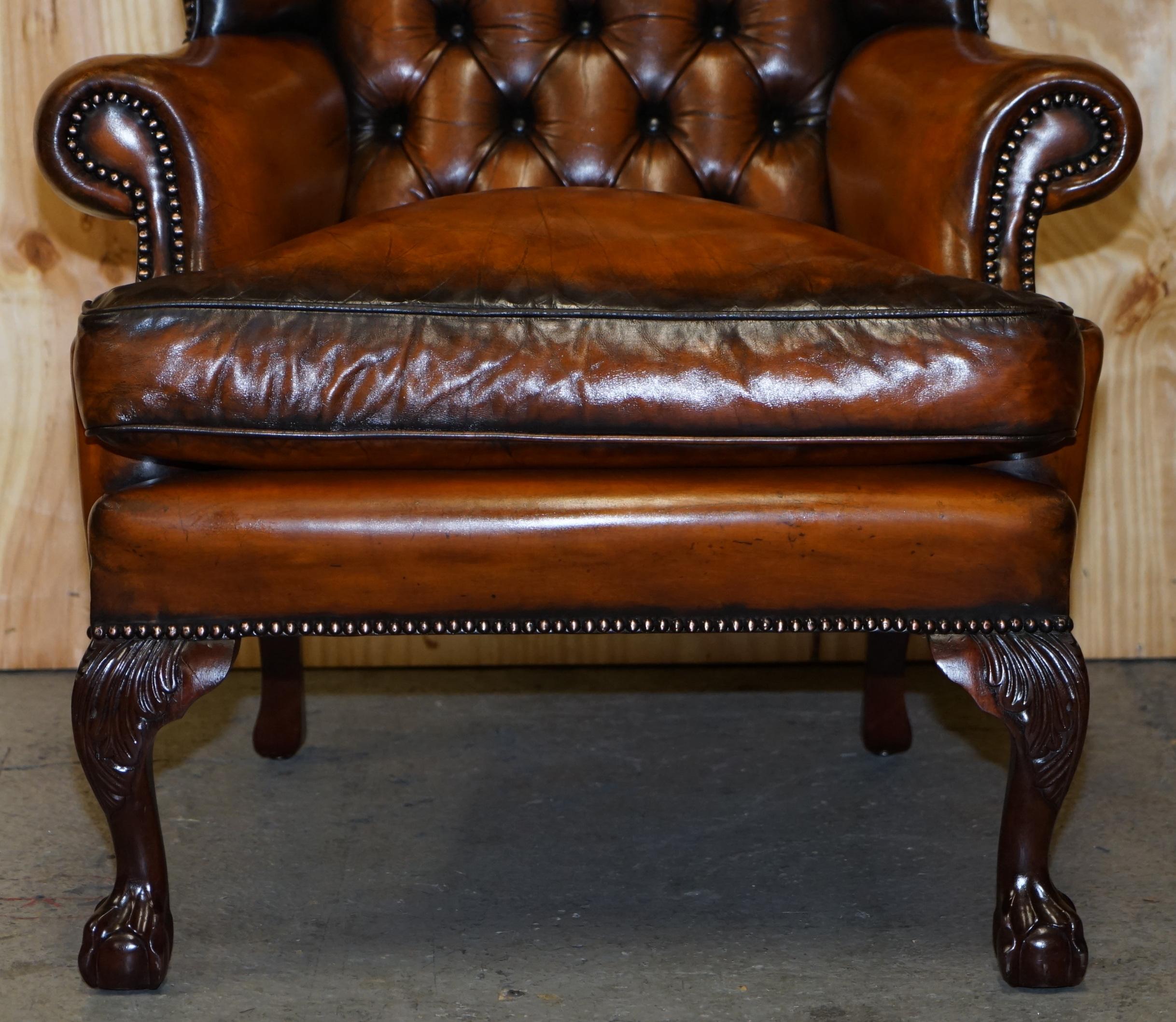 19th Century Pair of Chesterfield Claw & Ball Restored Wingback Armchairs Cigar Brown Leather