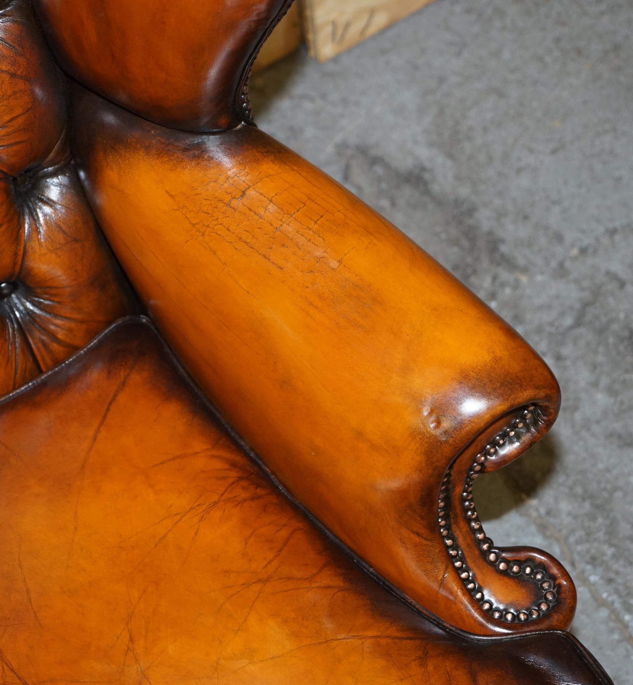 Pair of Chesterfield Claw & Ball Restored Wingback Armchairs Cigar Brown Leather 3