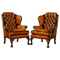 Antique Pair of Chesterfield Claw & Ball Restored Wingback Armchairs Cigar Brown Leather