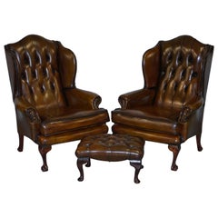 Vintage Pair of Chesterfield Claw & Ball Wingback Armchairs Brown Leather and Footstool