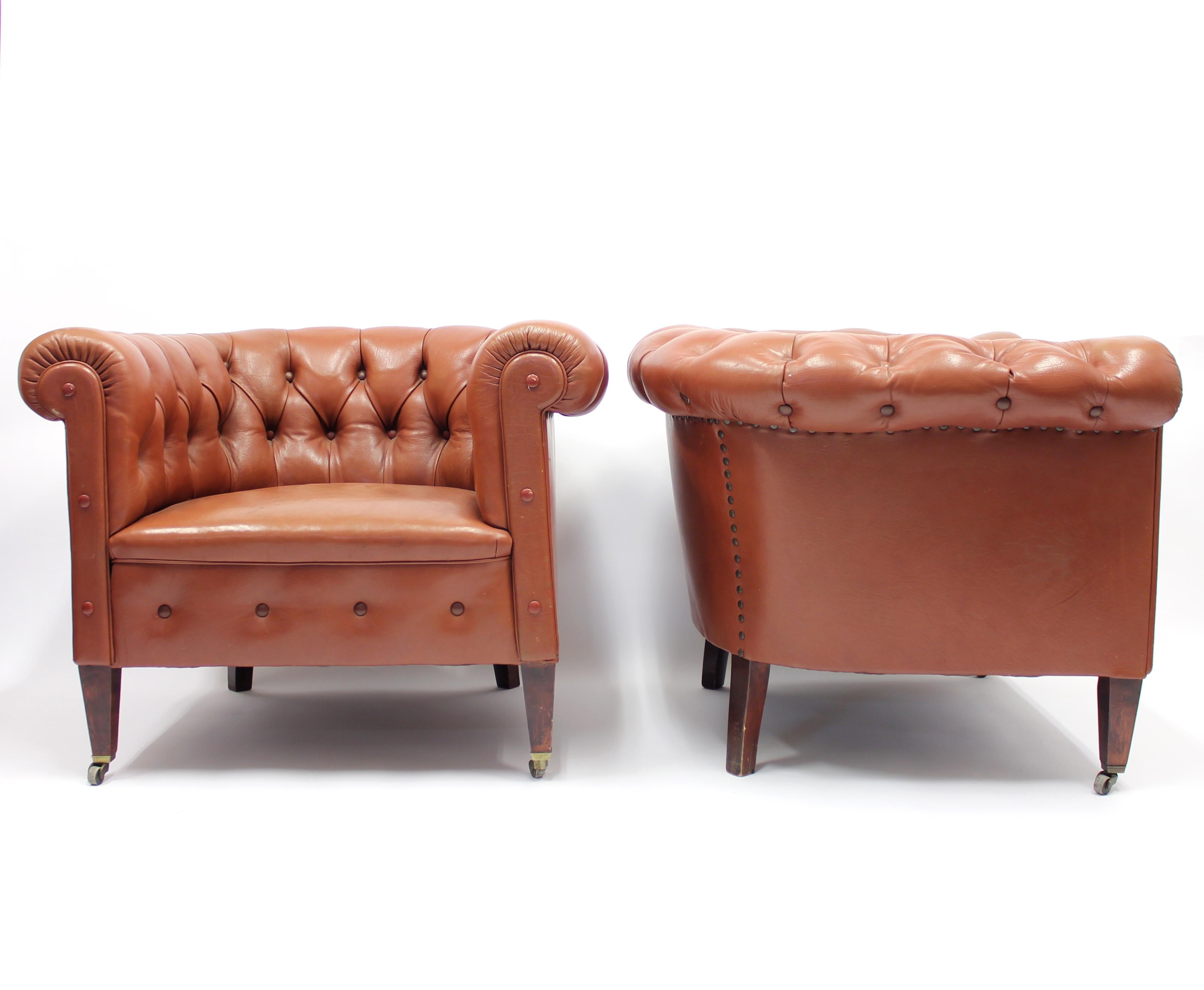 Pair of Chesterfield Club Chairs on Castors, 1940s In Good Condition In Uppsala, SE