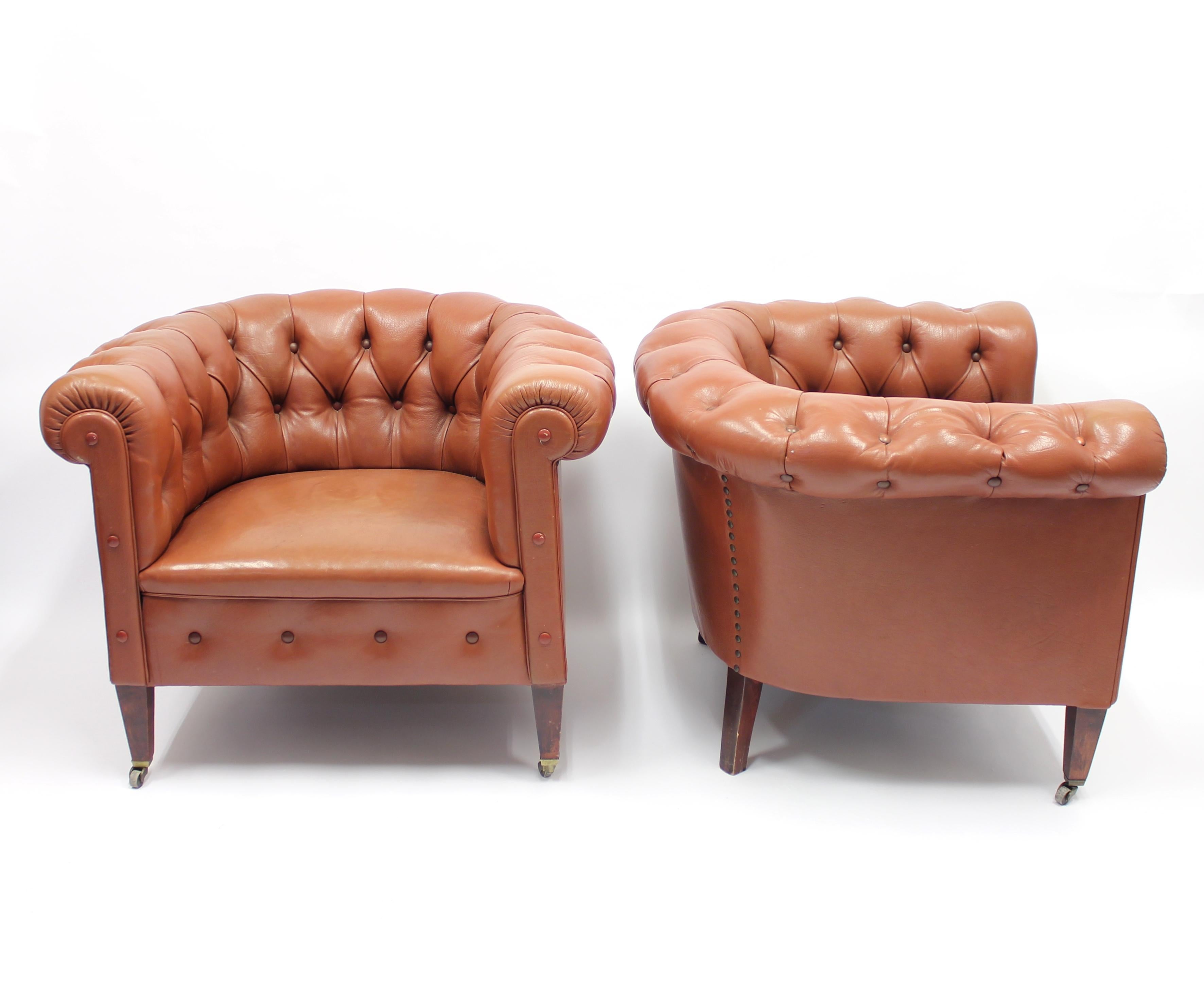 20th Century Pair of Chesterfield Club Chairs on Castors, 1940s