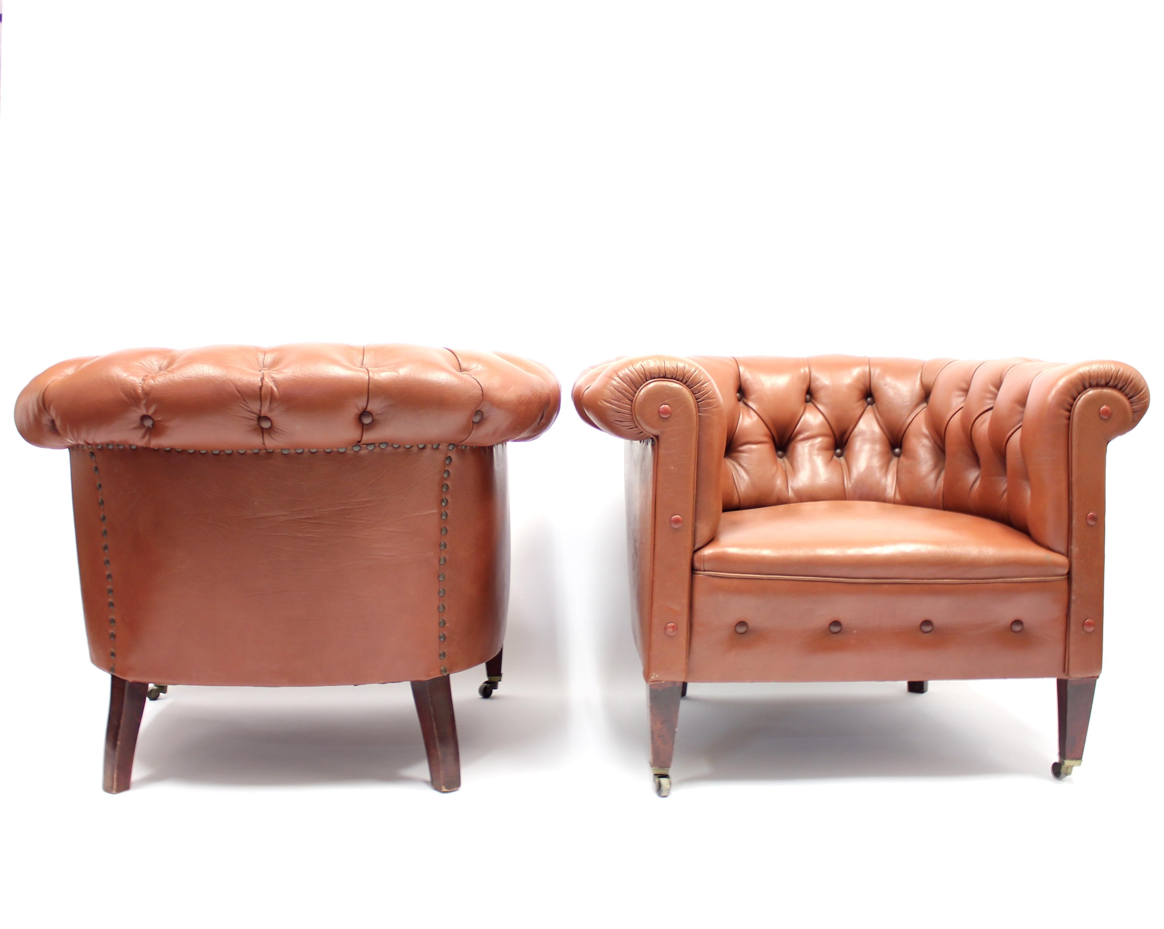 Brass Pair of Chesterfield Club Chairs on Castors, 1940s