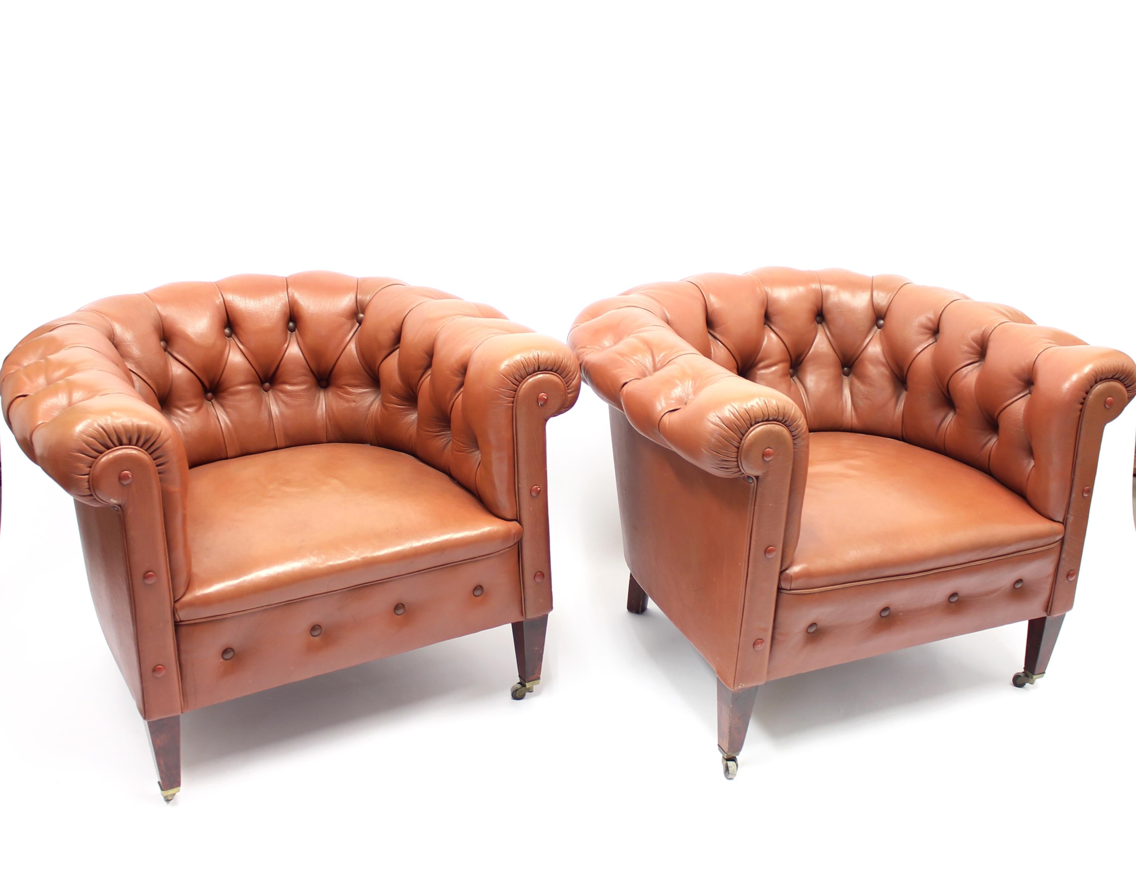 Pair of Chesterfield Club Chairs on Castors, 1940s 1