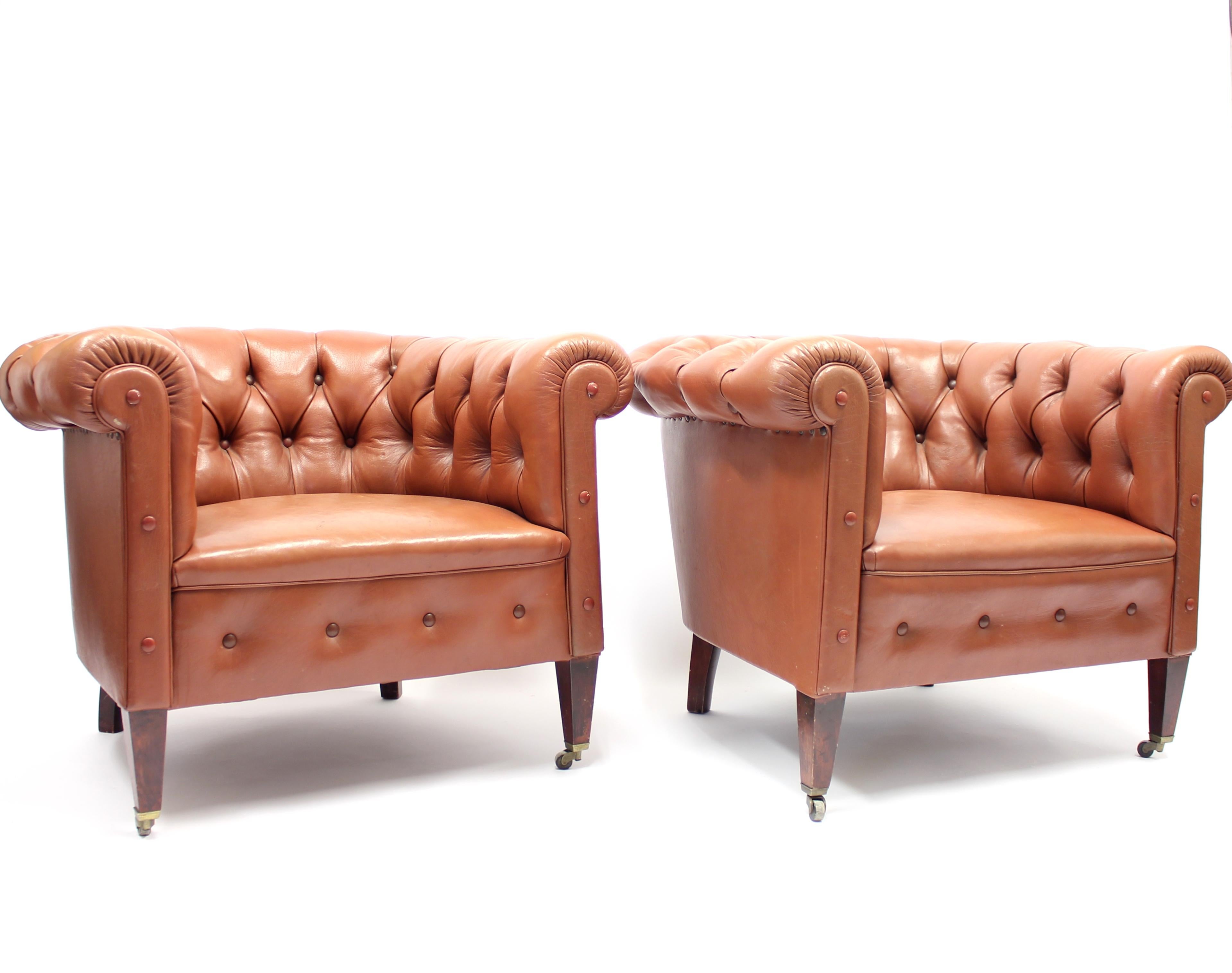 Pair of Chesterfield Club Chairs on Castors, 1940s 2