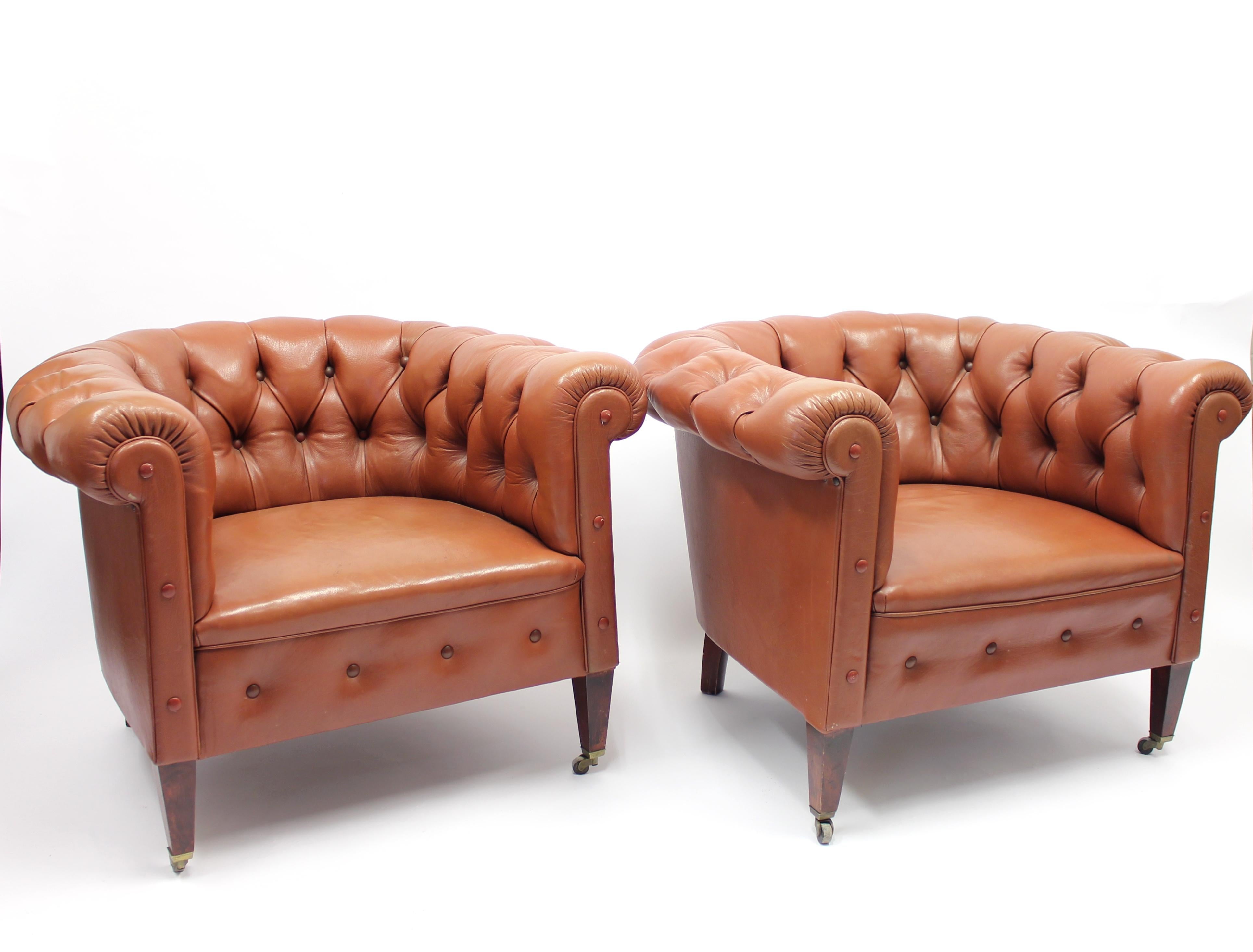 Pair of Chesterfield Club Chairs on Castors, 1940s 3