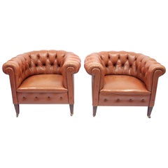 Antique Pair of Chesterfield Club Chairs on Castors, 1940s