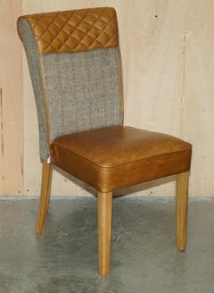 PAIR OF CHESTERFiELD HARRIS TWEED BROWN LEATHER HALL CHAIRS PART OF LARGE SUITE