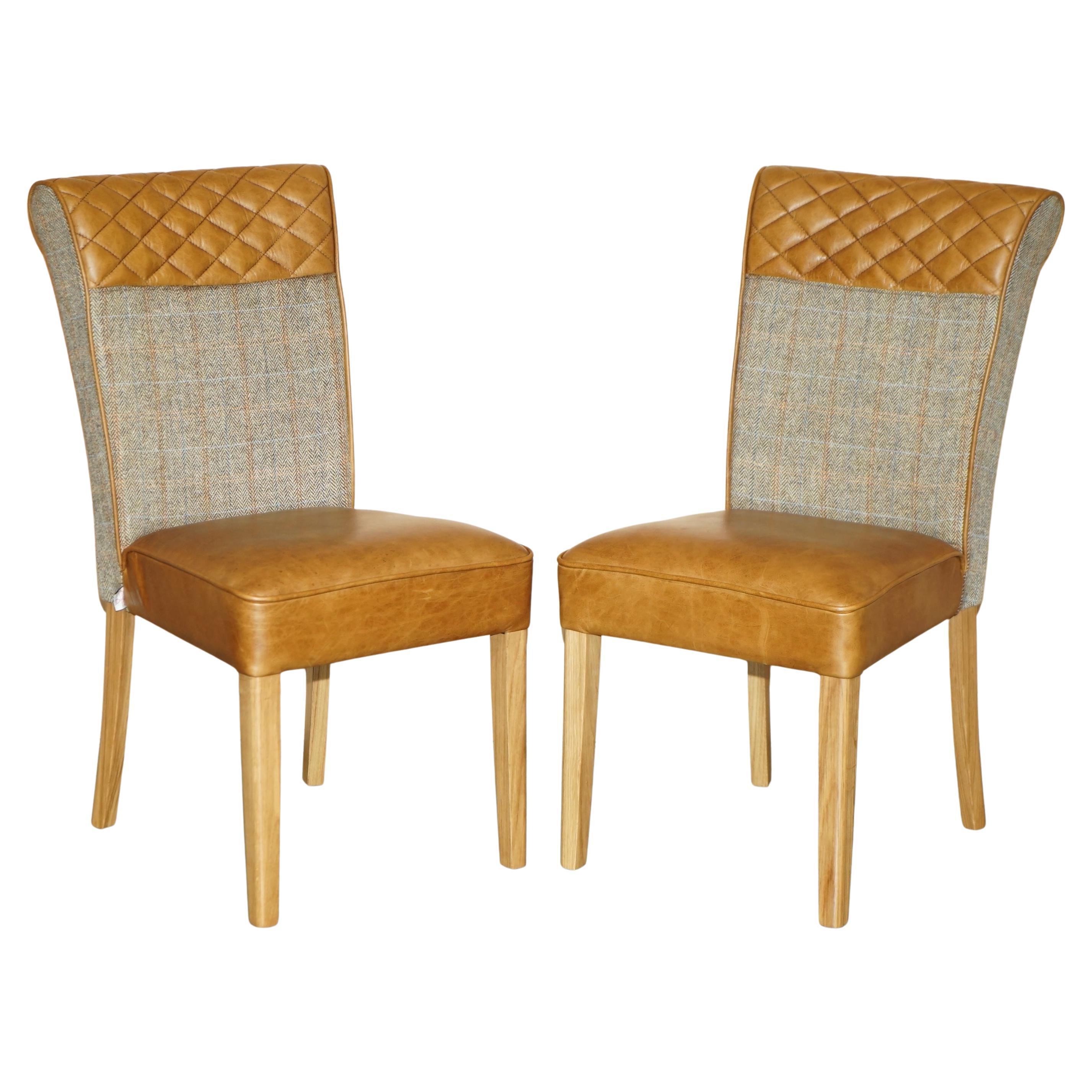 PAIR OF CHESTERFiELD HARRIS TWEED BROWN LEATHER HALL CHAIRS PART OF LARGE SUITE