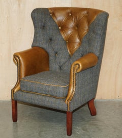 PAIR OF CHESTERFIELD PORTERS HARRIS TWEED BROWN LEATHER ARMCHAiRS PART OF SUITE