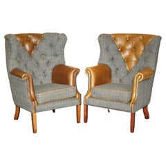 PAIR OF CHESTERFIELD PORTERS HARRIS TWEED BROWN LEATHER ARMCHAiRS PART OF SUITE