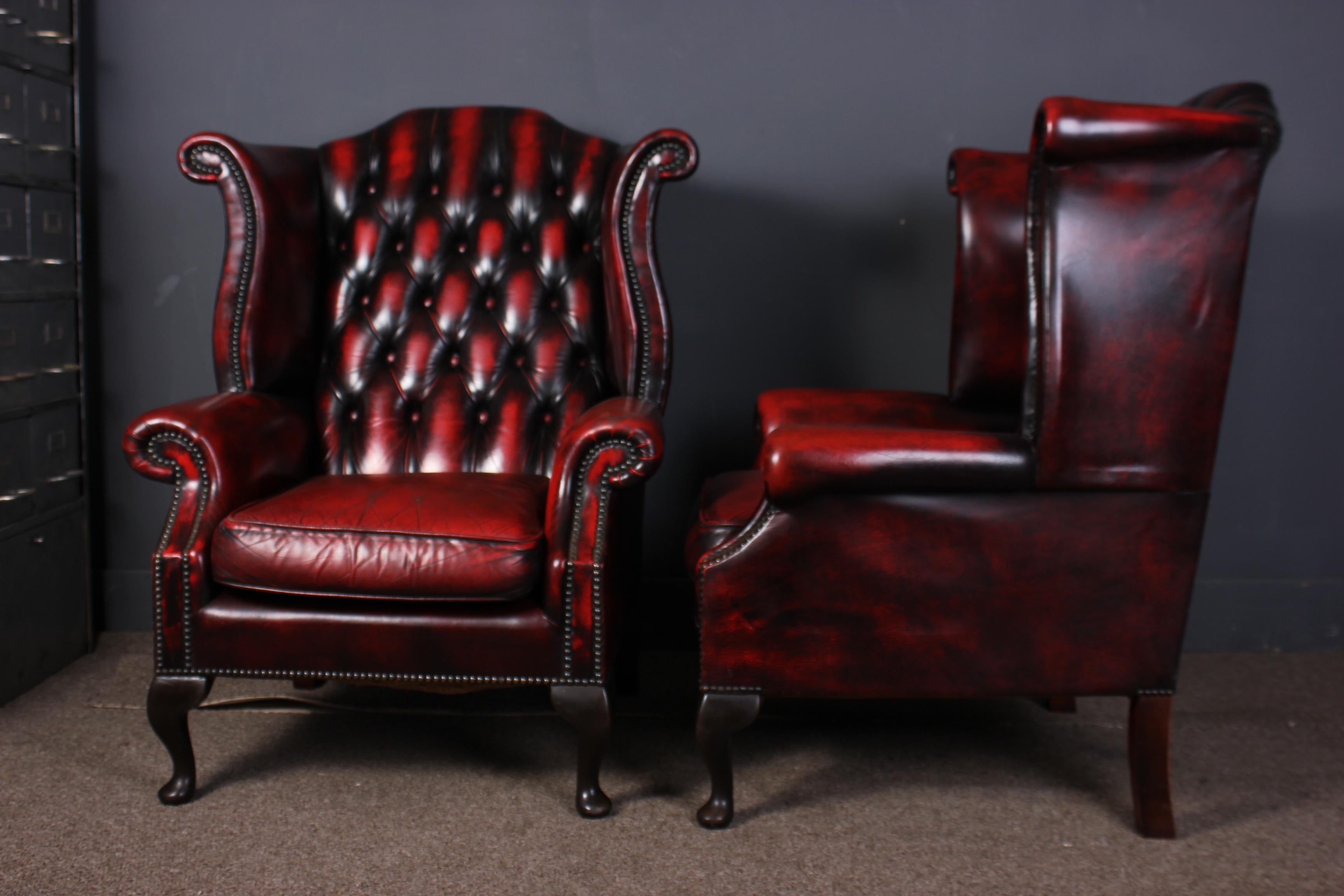 English Pair of Chesterfield Queen Anne Wing Back Chairs
