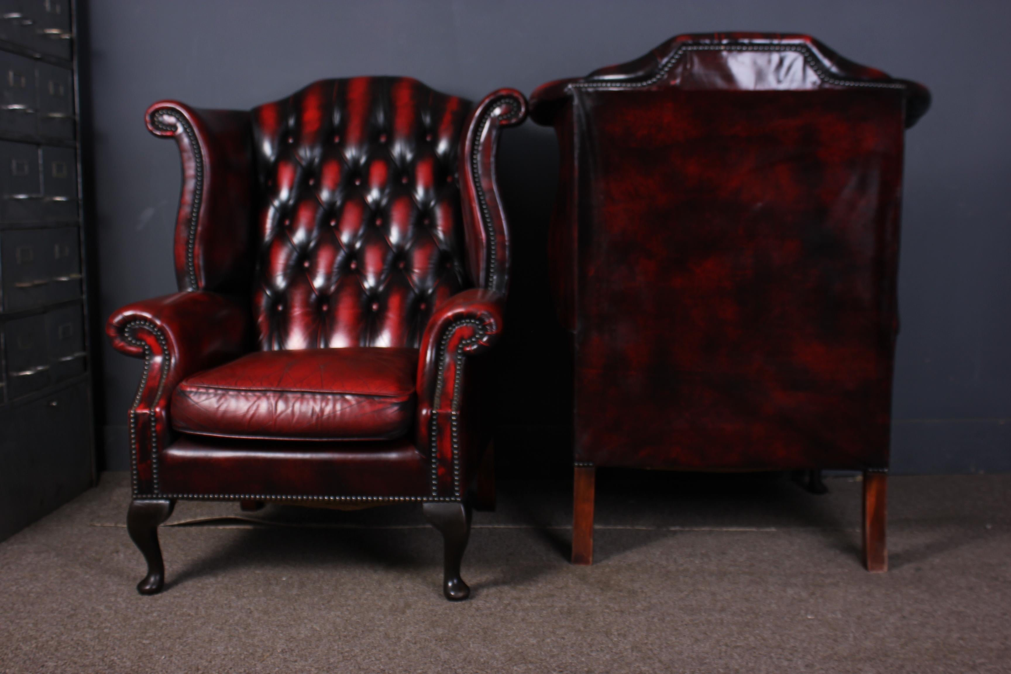 Machine-Made Pair of Chesterfield Queen Anne Wing Back Chairs