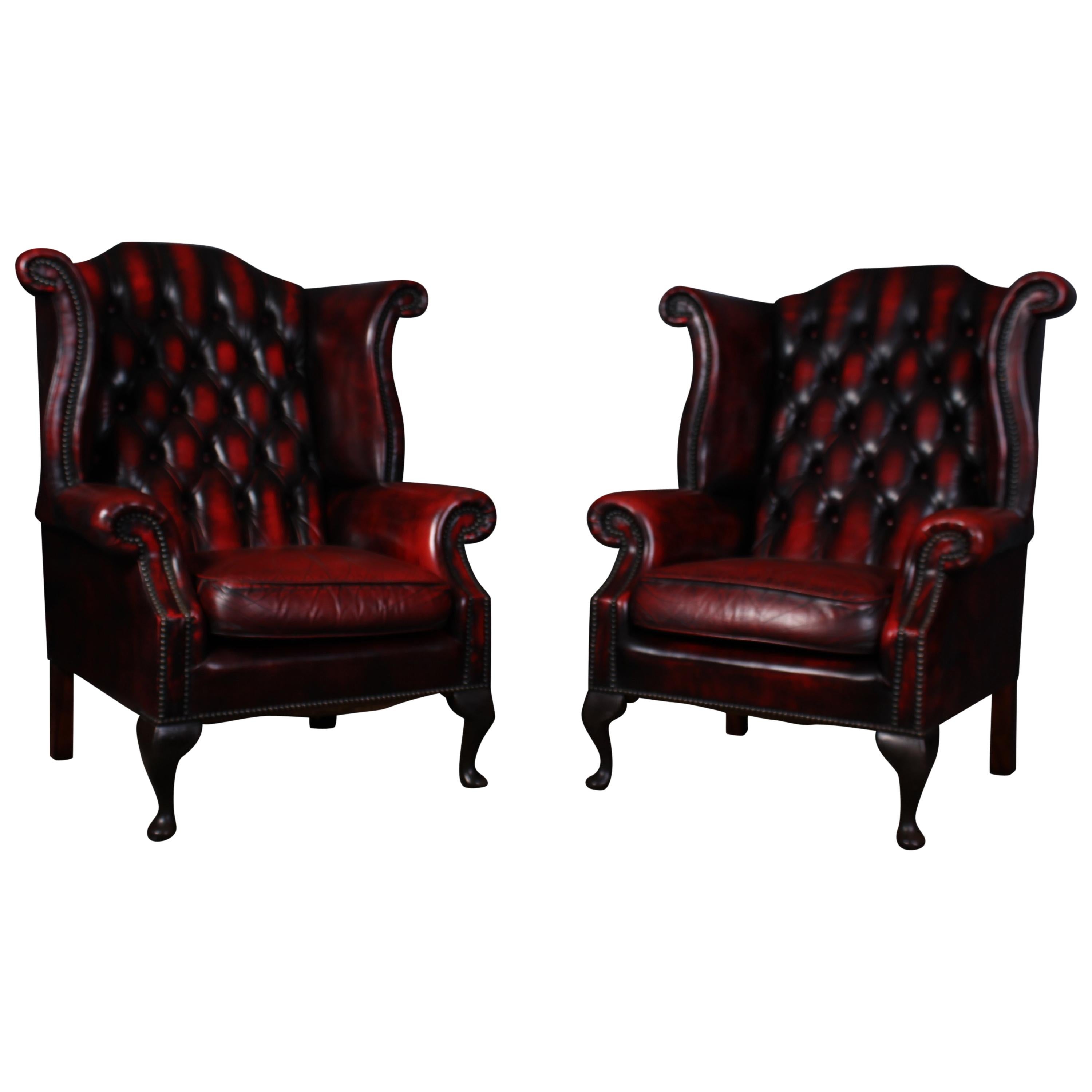 Pair of Chesterfield Queen Anne Wing Back Chairs