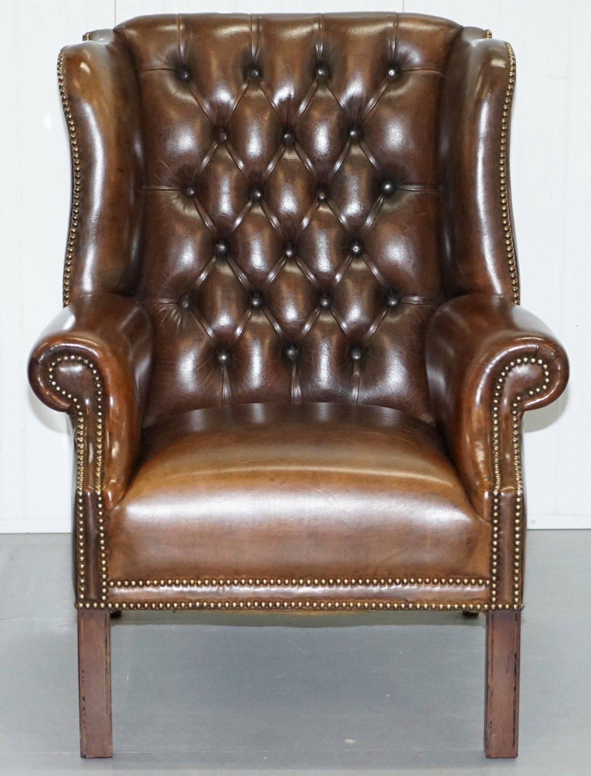 British Pair of Chesterfield Restored Hand Dyed Cigar Brown Leather Wingback Armchairs