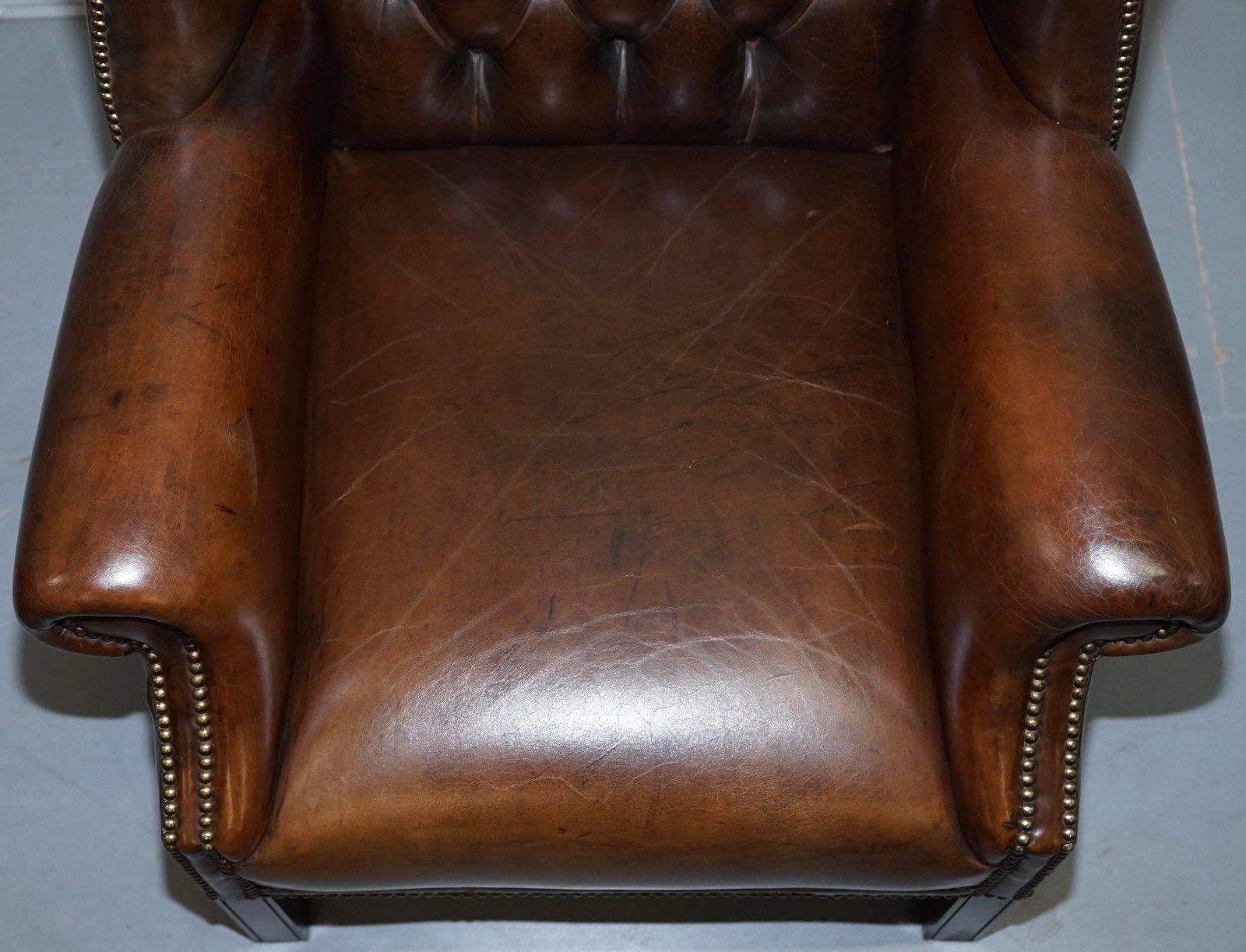 Hand-Carved Pair of Chesterfield Restored Hand Dyed Cigar Brown Leather Wingback Armchairs