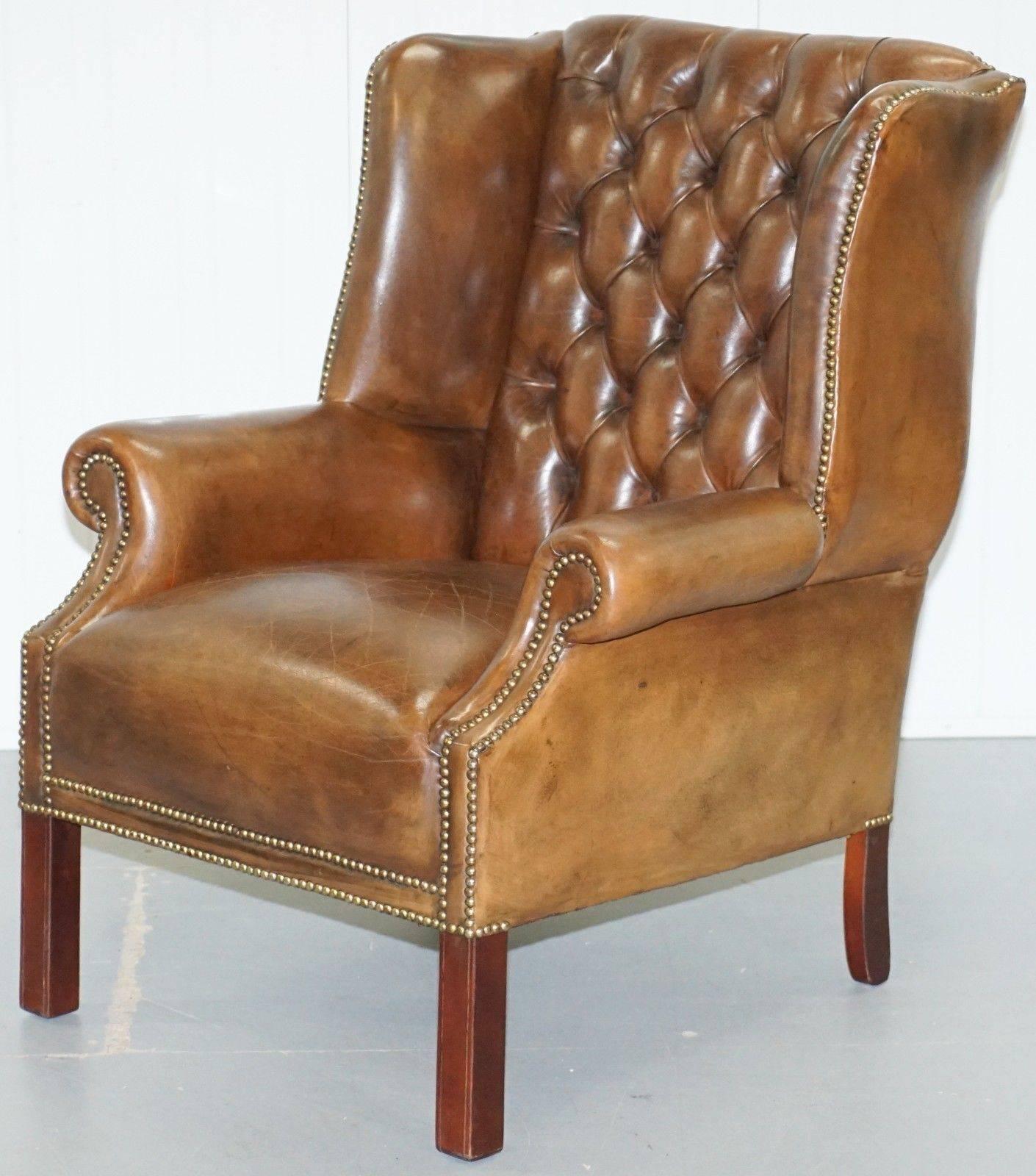 20th Century Pair of Chesterfield Restored Hand Dyed Cigar Brown Leather Wingback Armchairs