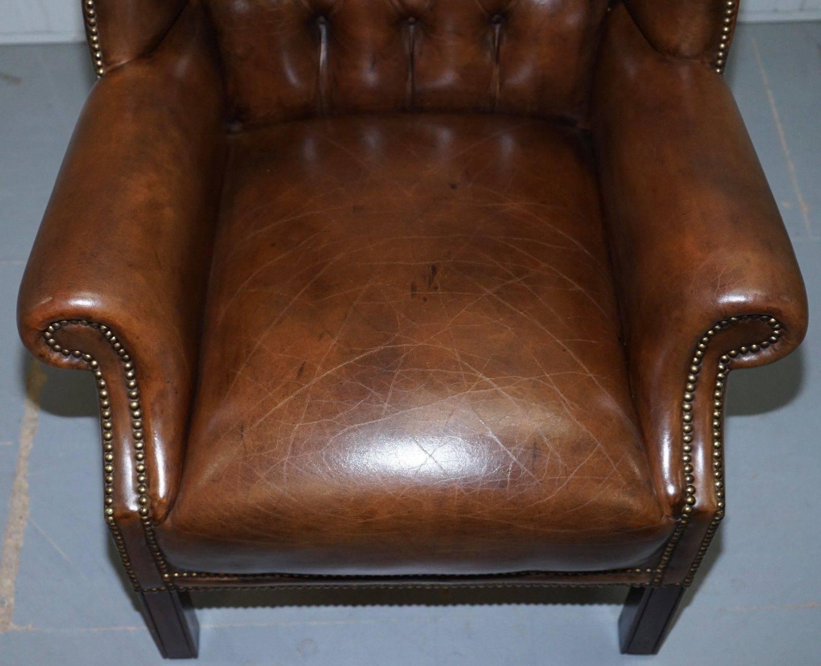 Pair of Chesterfield Restored Hand Dyed Cigar Brown Leather Wingback Armchairs 1
