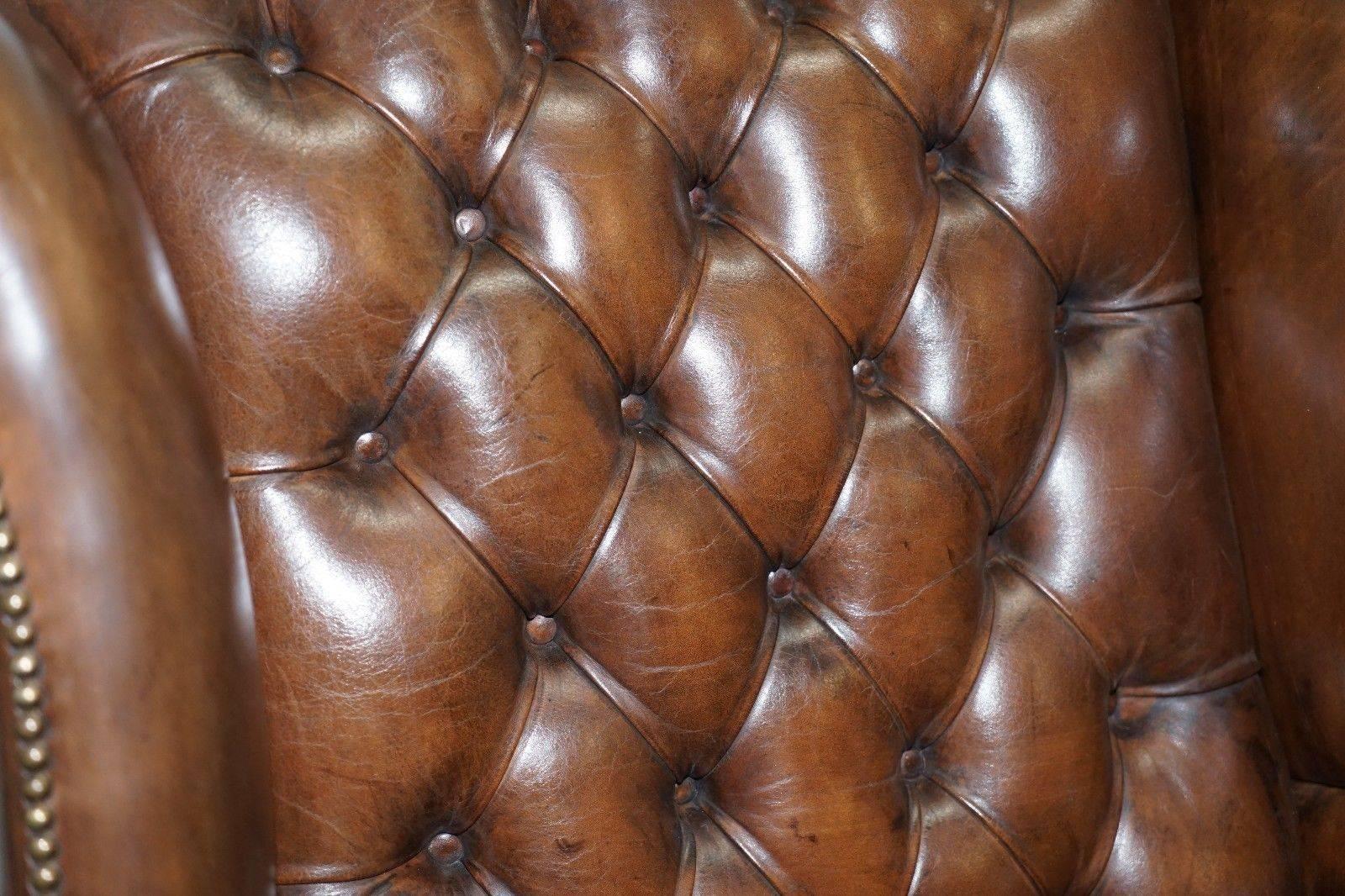 Pair of Chesterfield Restored Hand Dyed Cigar Brown Leather Wingback Armchairs 2
