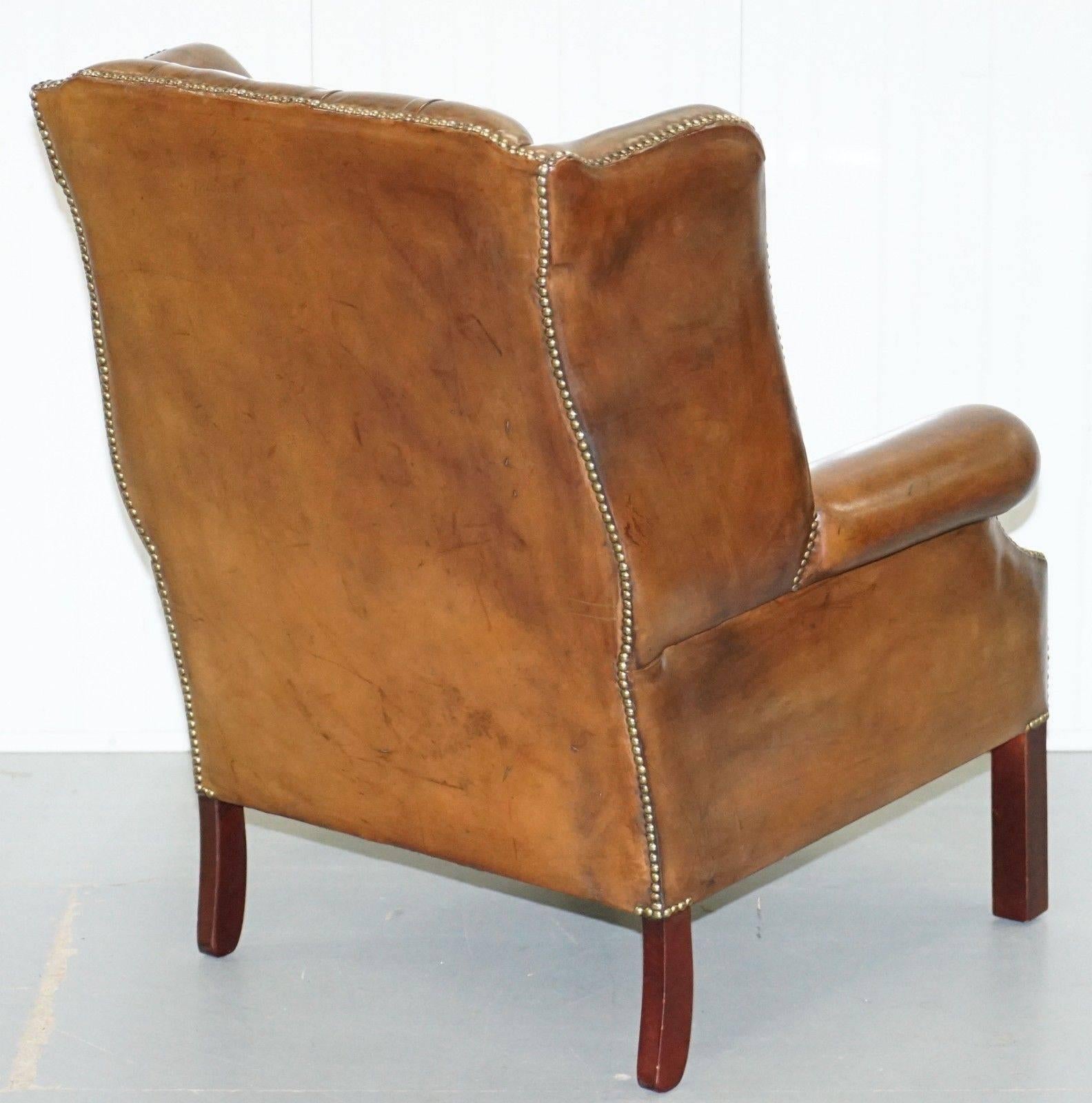 Pair of Chesterfield Restored Hand Dyed Cigar Brown Leather Wingback Armchairs 3