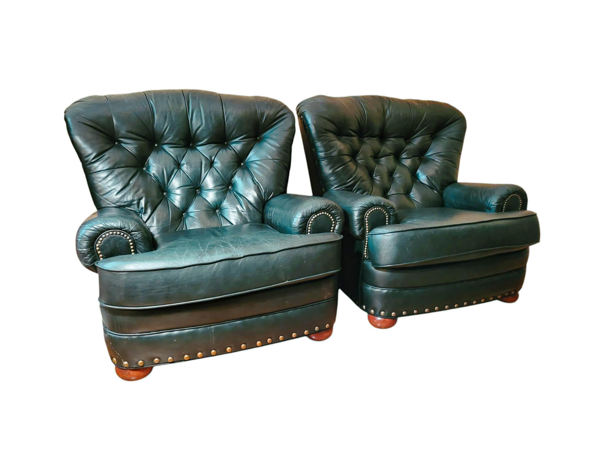 American Pair of Chesterfield Style Dark Green Leather Club Chairs and Ottoman- 3 Pieces For Sale