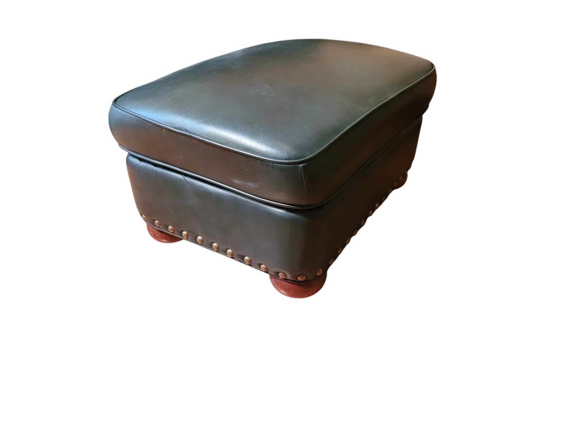 Late 20th Century Pair of Chesterfield Style Dark Green Leather Club Chairs and Ottoman- 3 Pieces For Sale