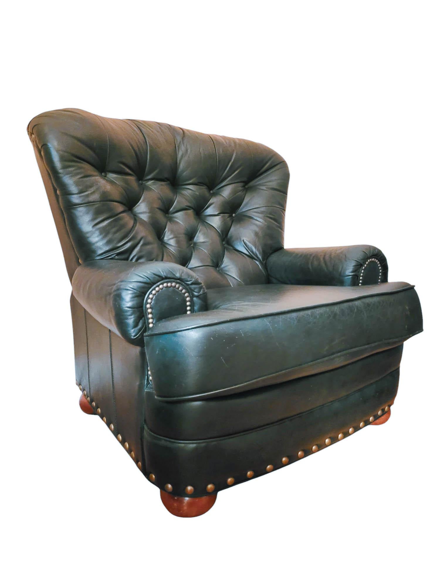Pair of Chesterfield Style Dark Green Leather Club Chairs and Ottoman- 3 Pieces For Sale 1
