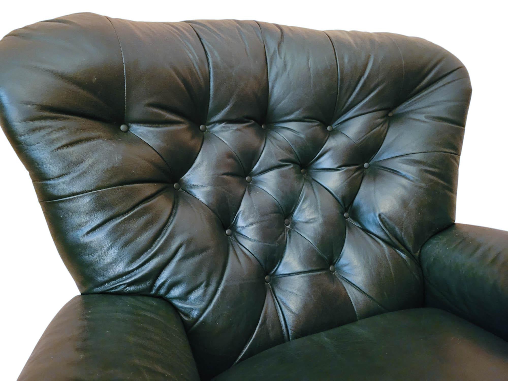Pair of Chesterfield Style Dark Green Leather Club Chairs and Ottoman- 3 Pieces For Sale 2
