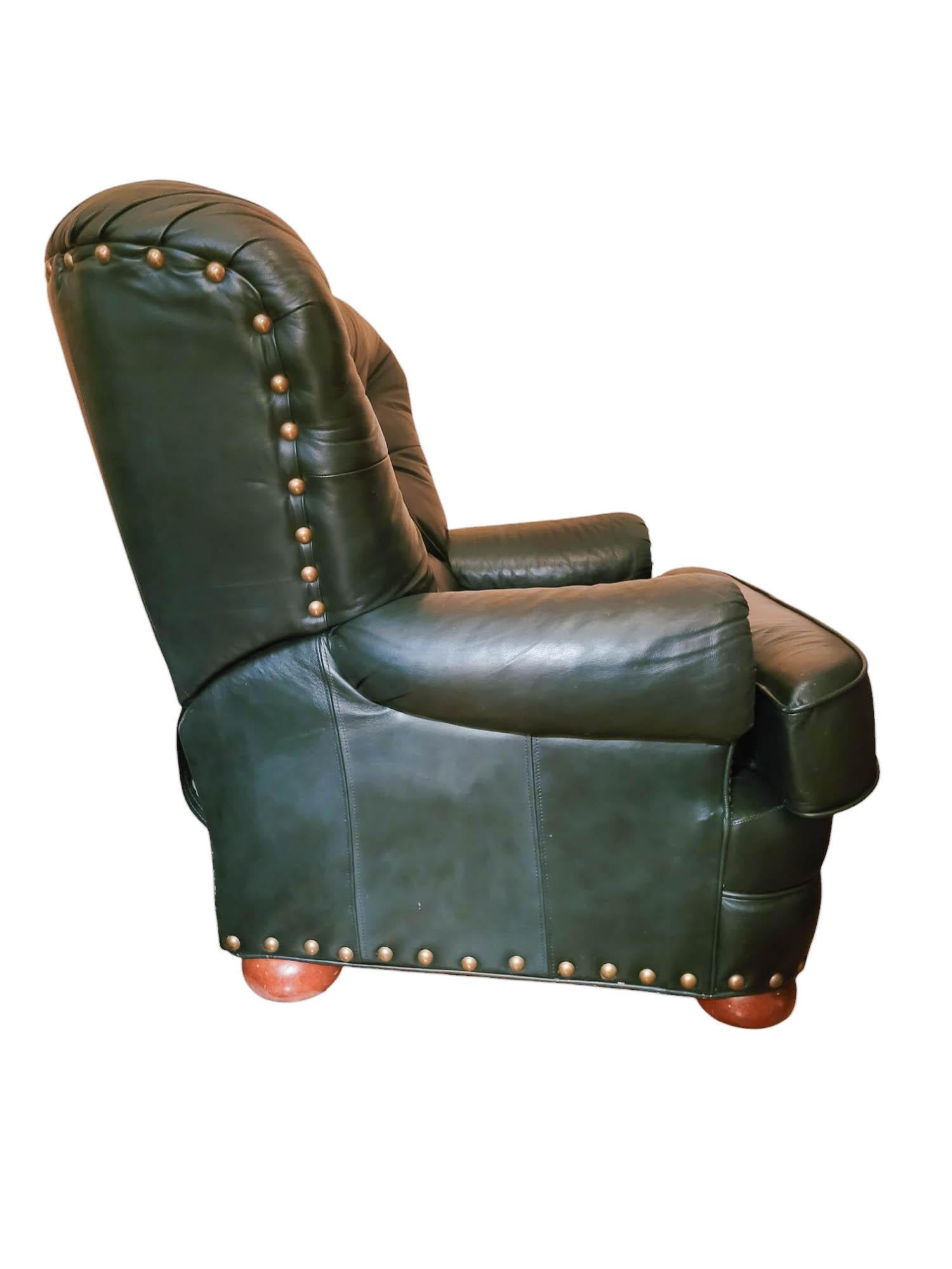 Pair of Chesterfield Style Dark Green Leather Club Chairs and Ottoman- 3 Pieces For Sale 3