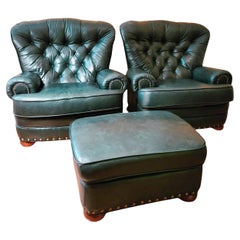 Pair of Chesterfield Style Dark Green Leather Club Chairs and Ottoman- 3 Pieces