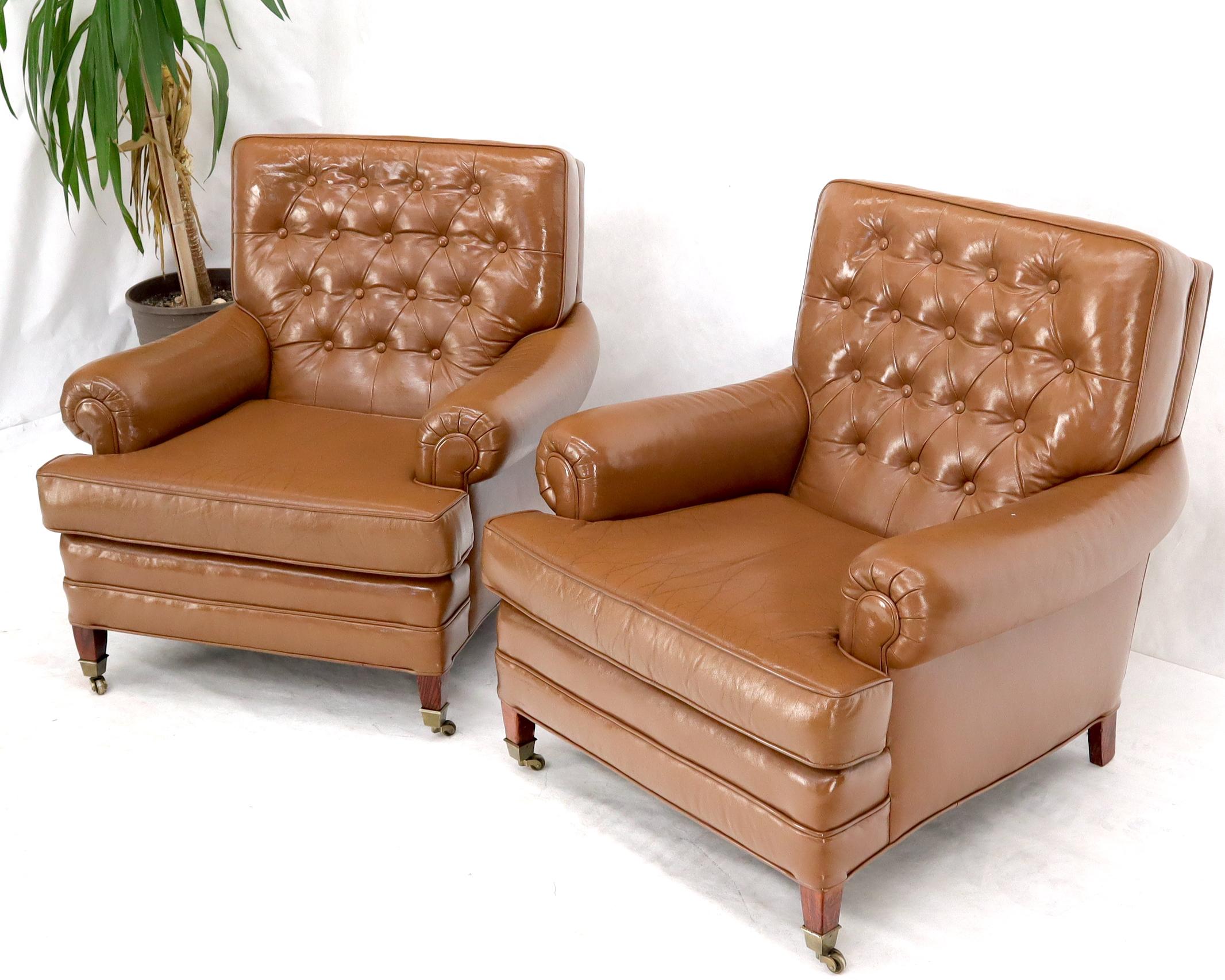 Pair of Chesterfield Style Leather Chairs W/ Ottomans Brown to Tan For Sale 1