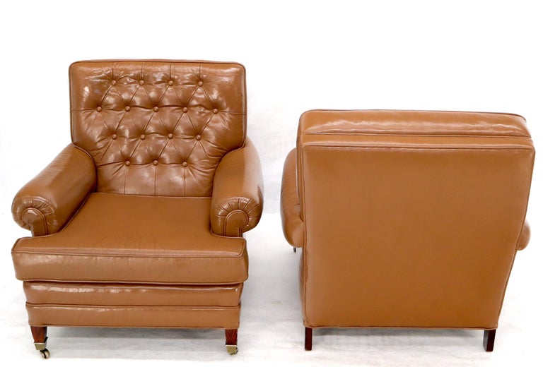 Pair of Chesterfield Style Leather Chairs W/ Ottomans Brown to Tan For