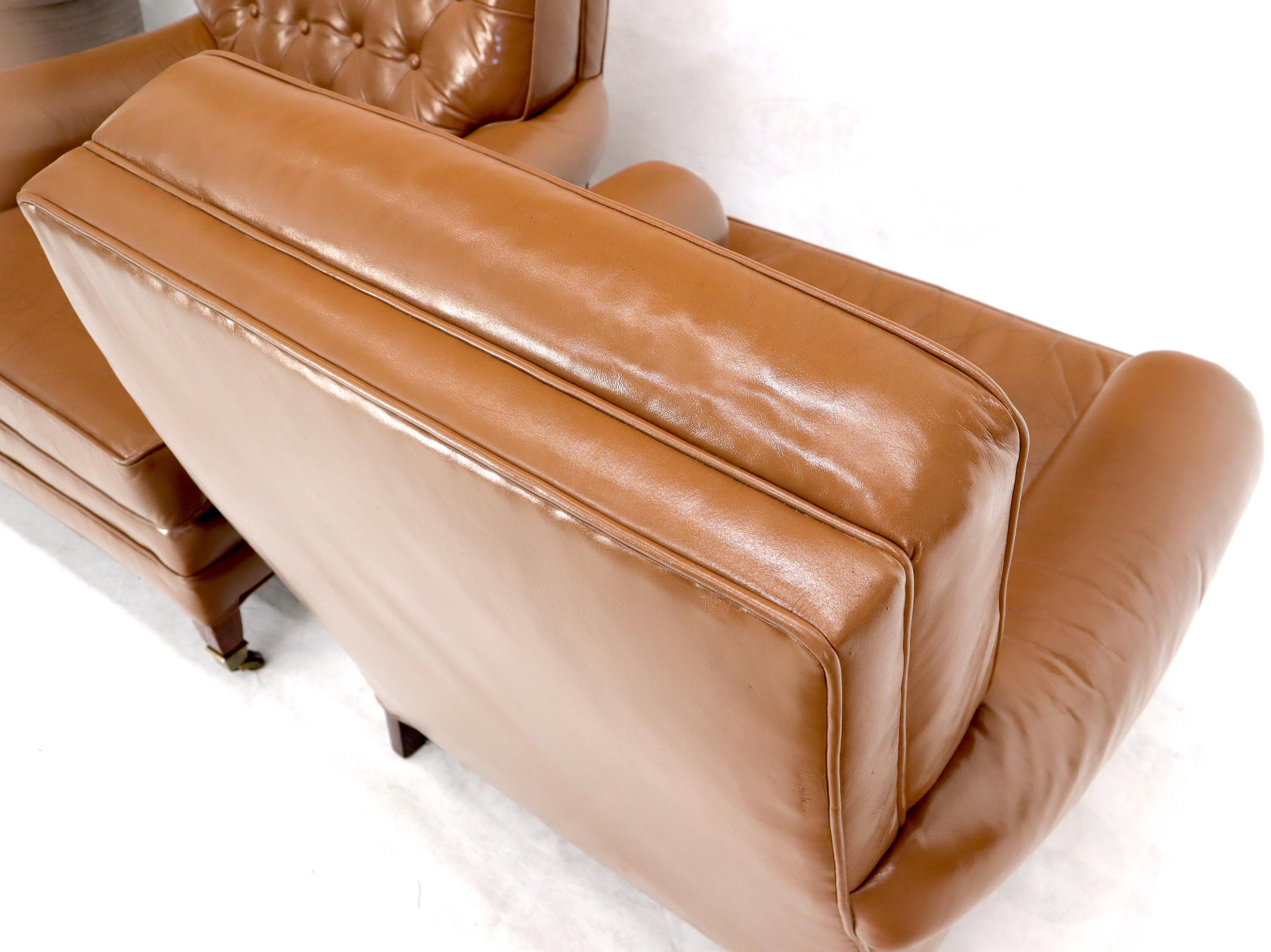 Pair of Chesterfield Style Leather Chairs W/ Ottomans Brown to Tan For Sale 3